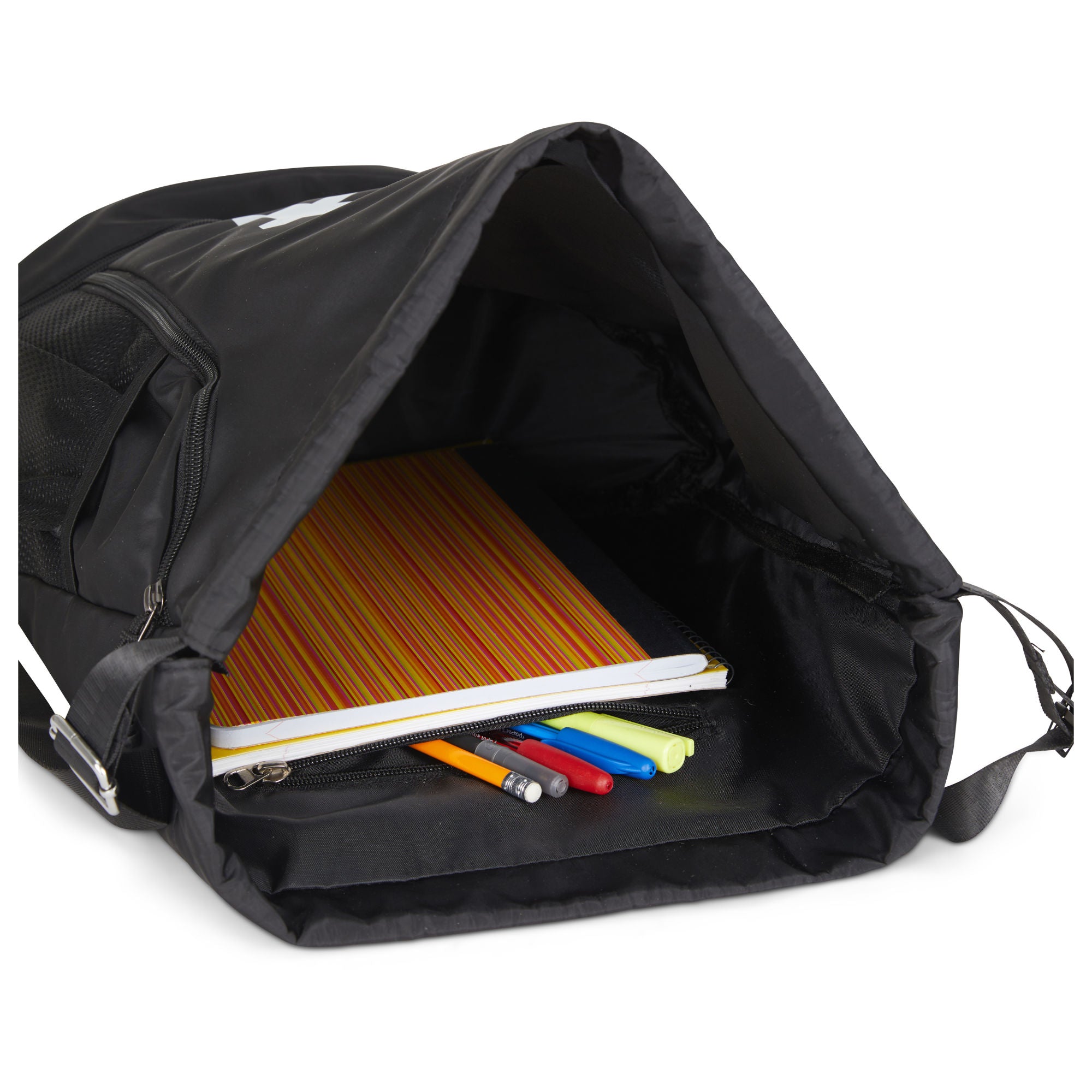 Clarissa GO Bag with a white airplane and suitcase icon, featuring an external pocket and a purple smartphone in a side holder.