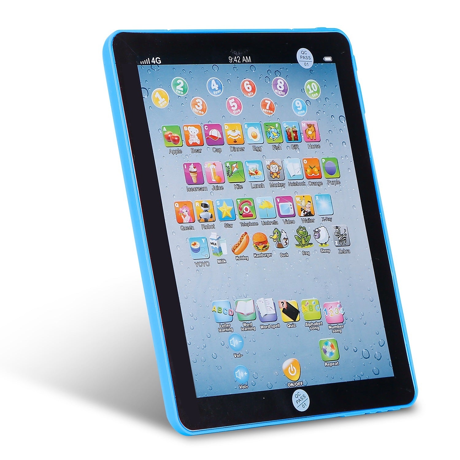 A young girl smiles while leaning on her arm next to an advertisement for a Baby Learning Tablet Educational Mini Pads Toys Touch Learn Toddler Tablet For ABC Numbers Words Gift, highlighting apps for kids aged 1-6.