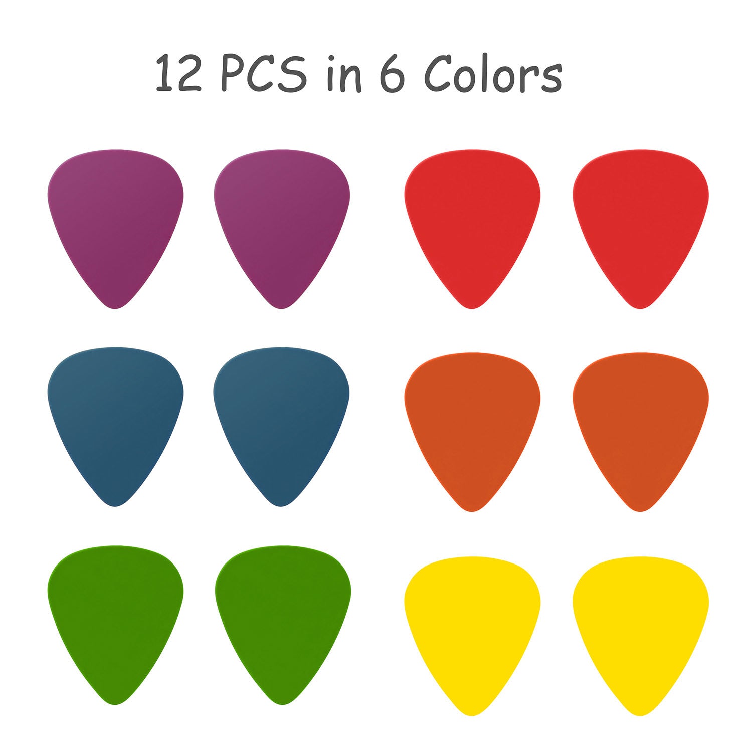 A circular arrangement of Standard Acoustic Electric Plectrums Guitar Picks 12-Pack in red, purple, green, yellow, and blue, creating a symmetrical pattern on a white background.