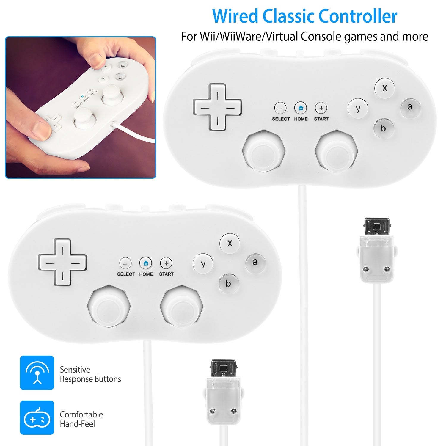 Advertisement for a 2PCS Classic Game Controller Pad Wired Gamepad Joypad Joystick compatible with Wii/WiiWare/Virtual Console games, featuring an ergonomic grip and showing its design and button layout.