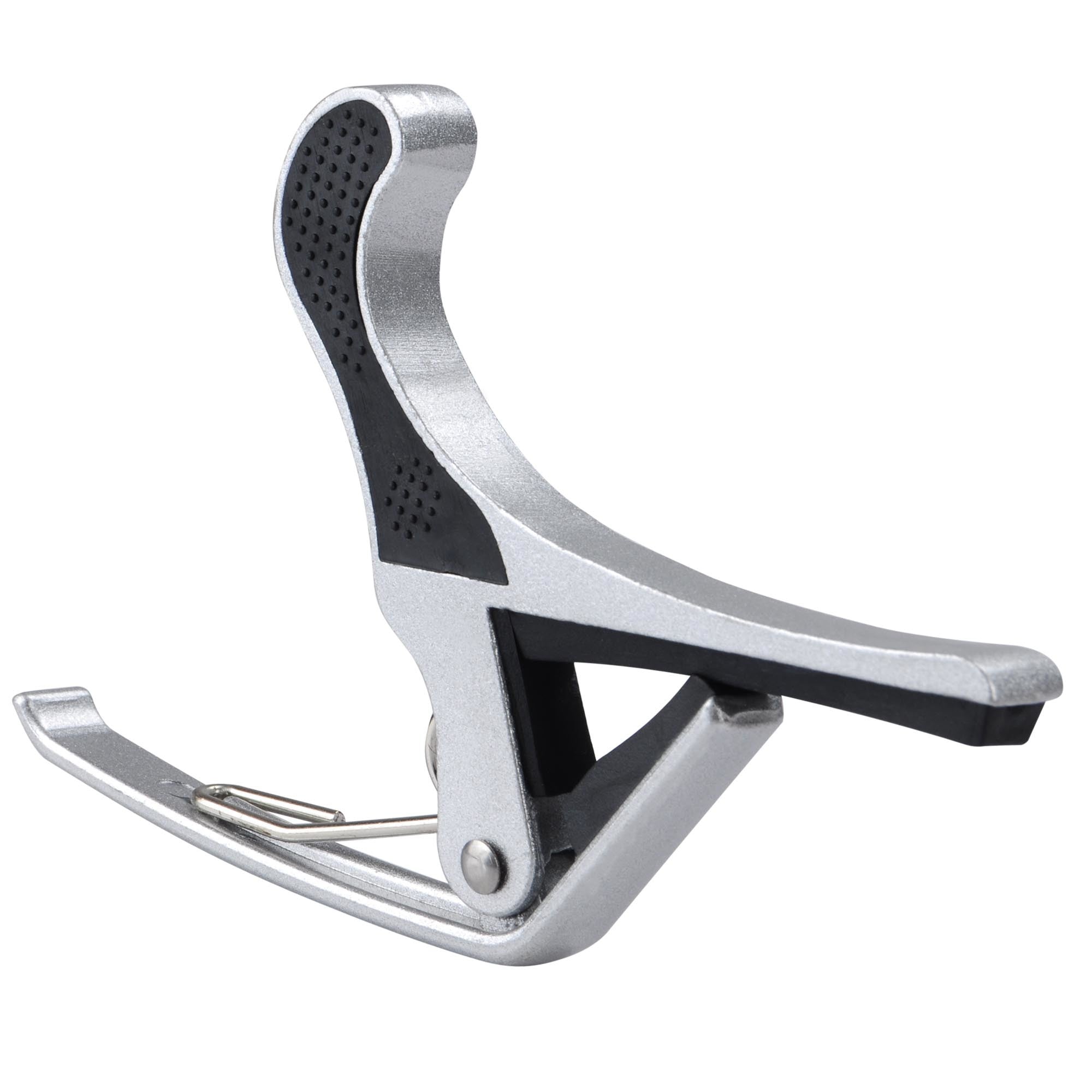 Aluminum alloy silver Guitar Capo with black rubber padding, isolated on a white background.