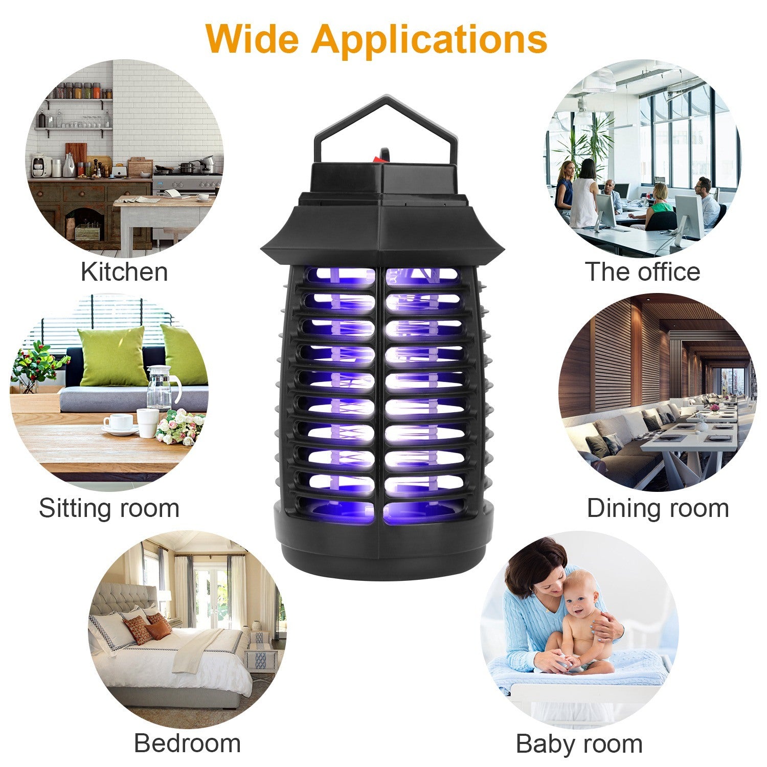 Bug Zapper Electric UV Mosquito Killer Lamp Insect Killer Light Pest Fly Trap Catcher with UV light and electric shock, surrounded by flying mosquitoes, isolated on white background.