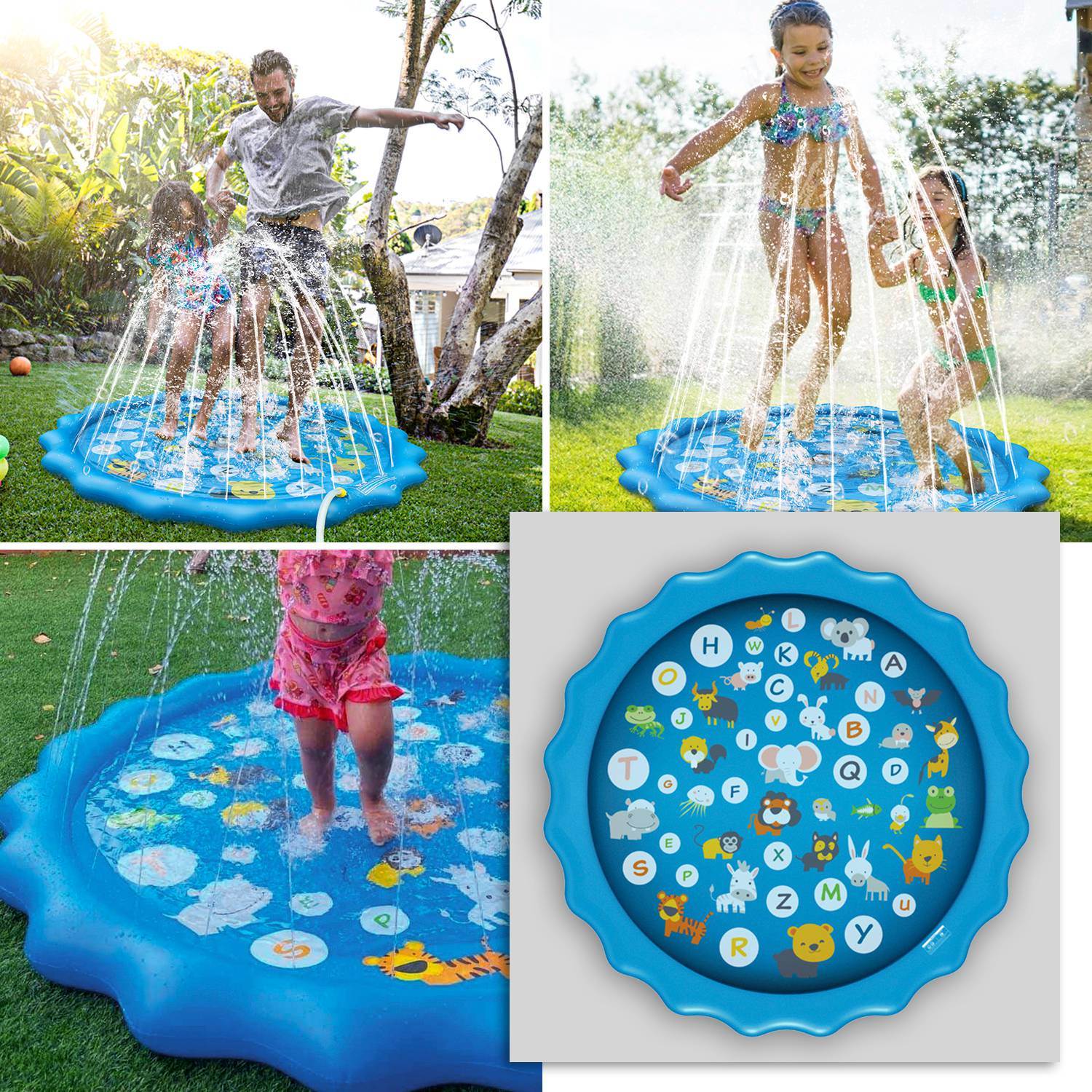 Three children playing joyfully in a Sprinkler Splash Pad For Kids 68IN Inflatable Blow Up Pool Sprinkle Play Mat Summer Outdoor Water Toys on a sandy beach, with overlay text highlighting product features.