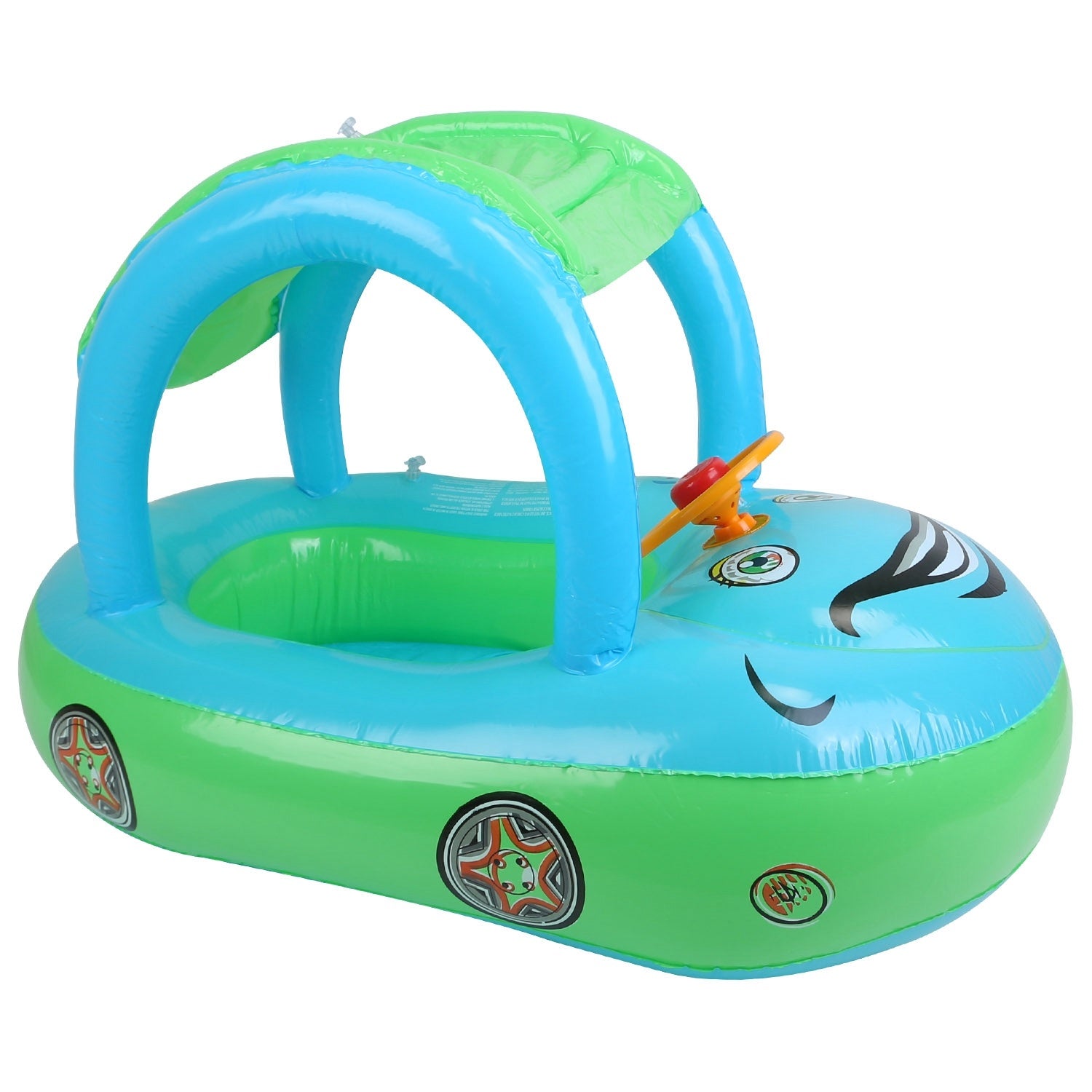 A young child smiles while sitting in a colorful Baby Inflatable Pool Float Car Shaped Toddler Swimming Float Boat Pool Toy Infant Swim Ring Pool with Sun Protection Canopy for 1-3 Year-Old Kids Infant Toddlers in a swimming pool.