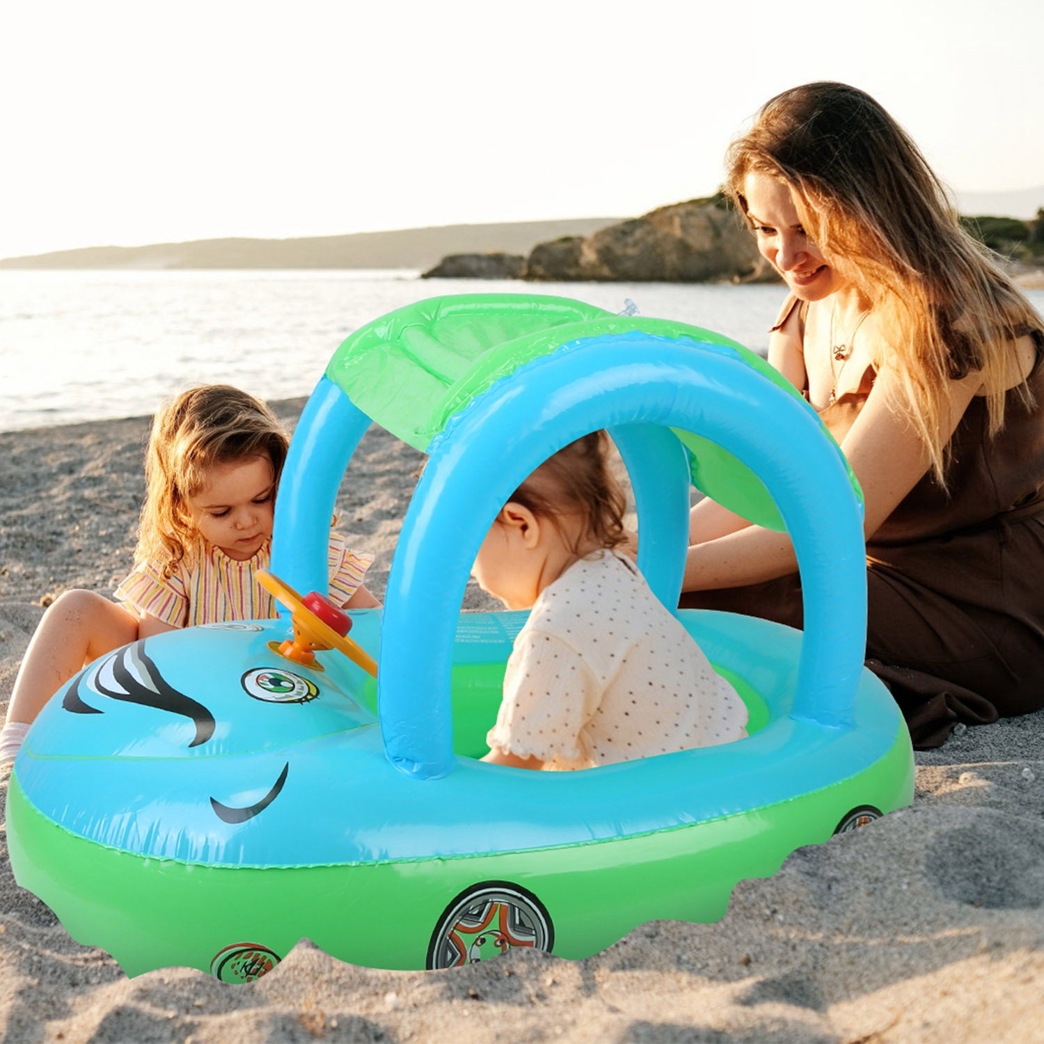 A young child smiles while sitting in a colorful Baby Inflatable Pool Float Car Shaped Toddler Swimming Float Boat Pool Toy Infant Swim Ring Pool with Sun Protection Canopy for 1-3 Year-Old Kids Infant Toddlers in a swimming pool.