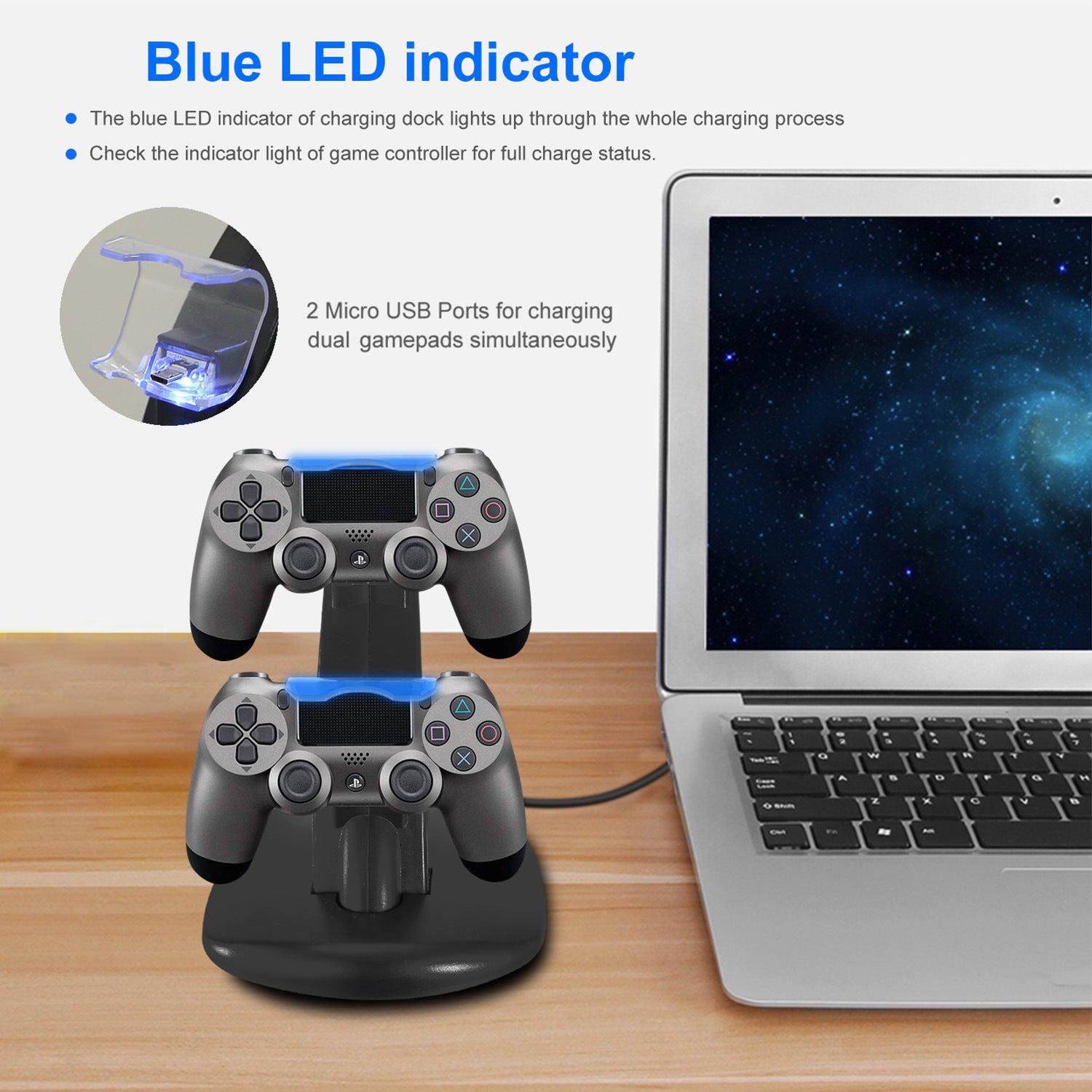 Two men play video games in a living room, sitting on a couch with a bottle and controllers; in the foreground, a Charging Dock Station Dual Micro USB Charger Stand For PS4 Pro/PS4 Slim Gamepad Controller Handle Charging Station with an LED light indicator and technical feature icons.