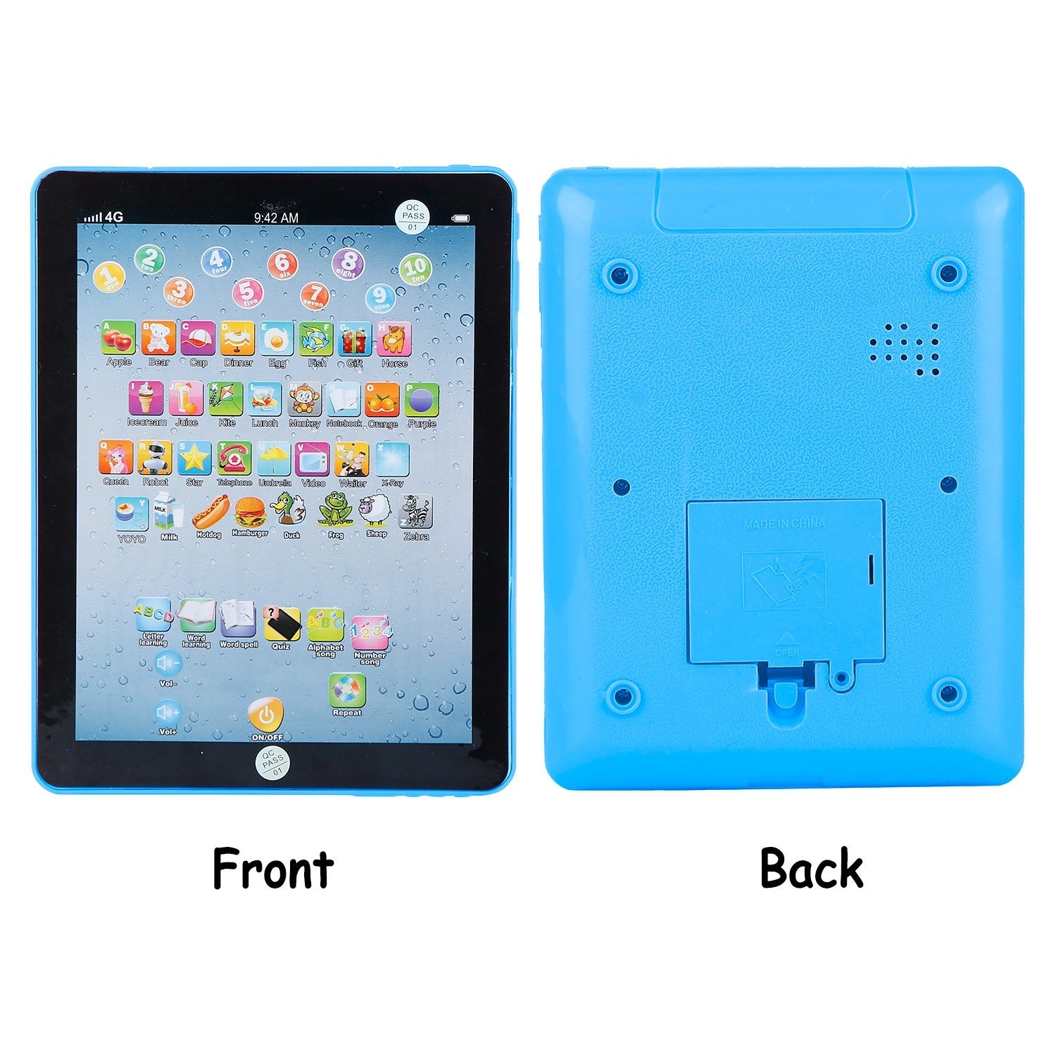 A young girl smiles while leaning on her arm next to an advertisement for a Baby Learning Tablet Educational Mini Pads Toys Touch Learn Toddler Tablet For ABC Numbers Words Gift, highlighting apps for kids aged 1-6.