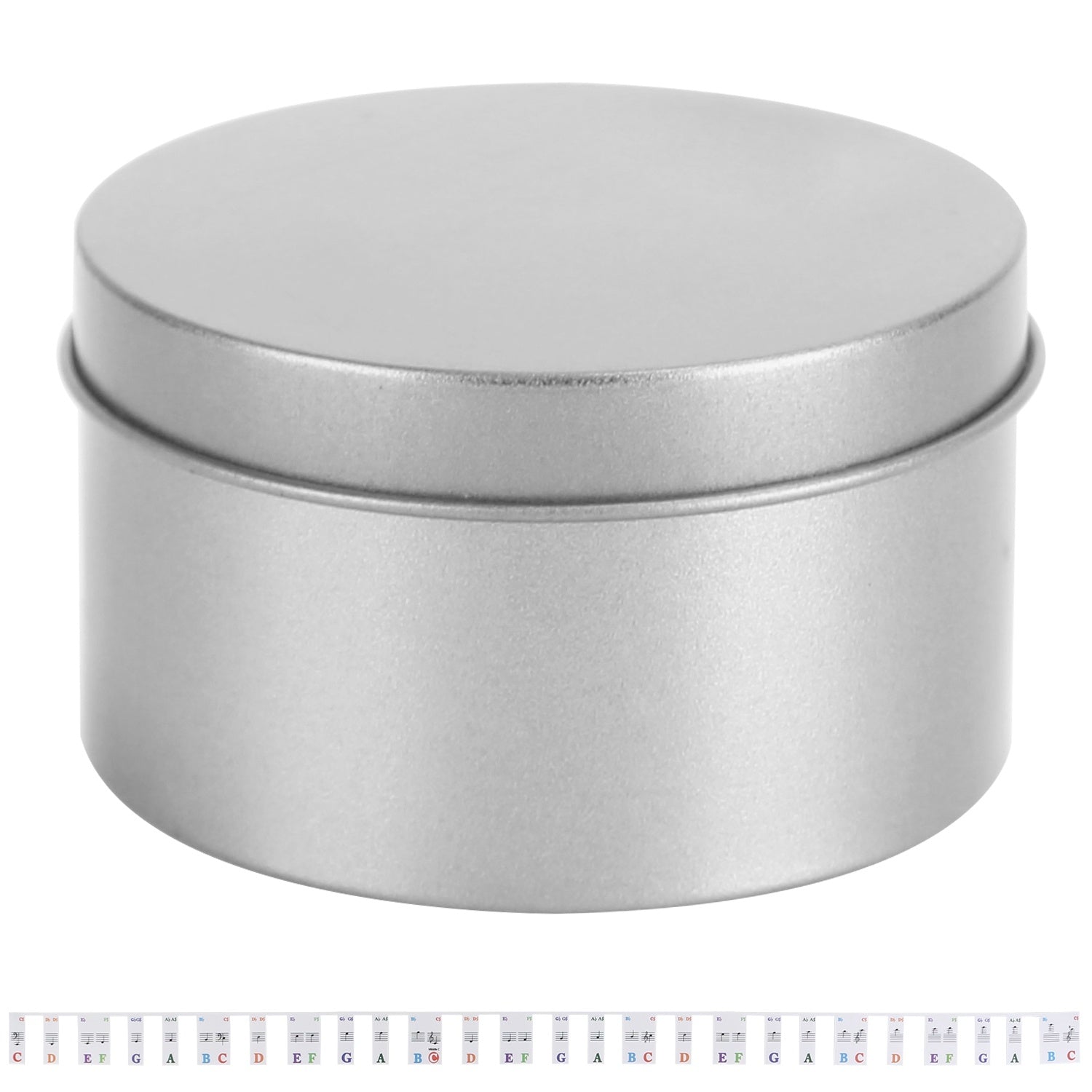Piano Keyboard Stickers Removable Piano Key Labels PVC Piano Notes Guide without Glue for Beginners Kids with musical notes and corresponding letters, displayed in a loop beside a small round container with a metallic lid.