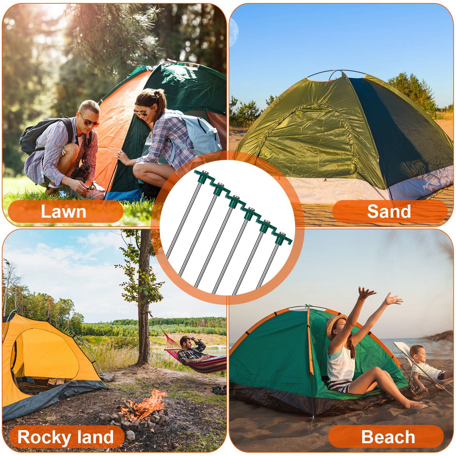 Two metal tent poles with green ends, four coiled white ropes, and twelve Tent Pegs Ropes Set 20Pcs 9.8in Heavy Duty Tent Stakes Nails Spike with 4x 9.8ft Nylon Ropes Tent Pop Up Canopy Stakes arranged symmetrically on a white background.
