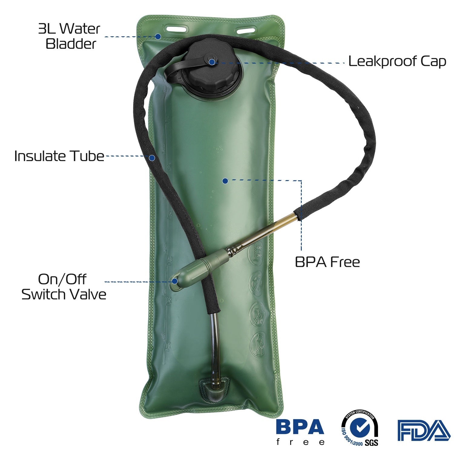 Tactical Hydration Pack suitable for running, cycling, and climbing. Includes water bladder, camo backpack, and icons indicating BPA-free material.