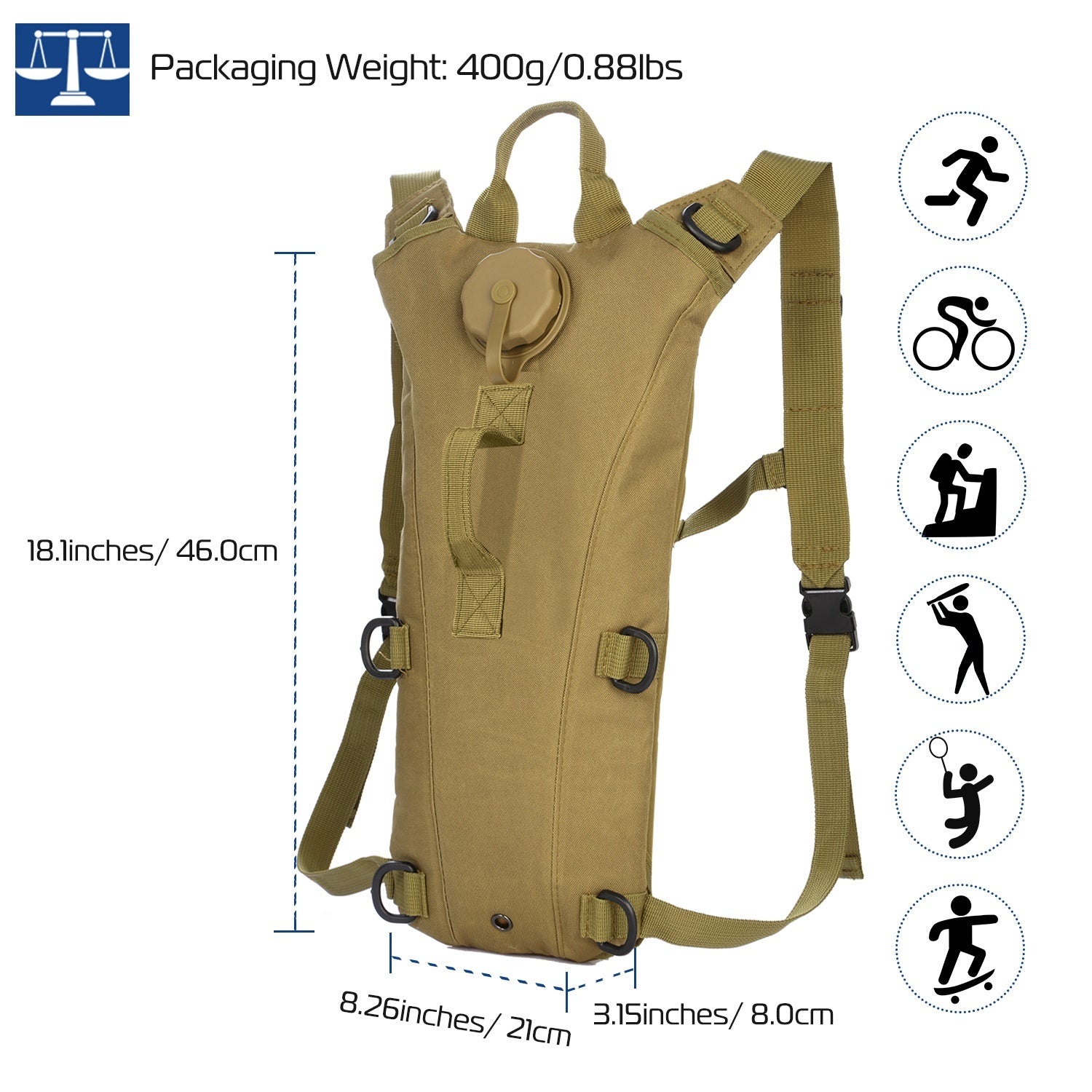 Tactical Hydration Pack suitable for running, cycling, and climbing. Includes water bladder, camo backpack, and icons indicating BPA-free material.