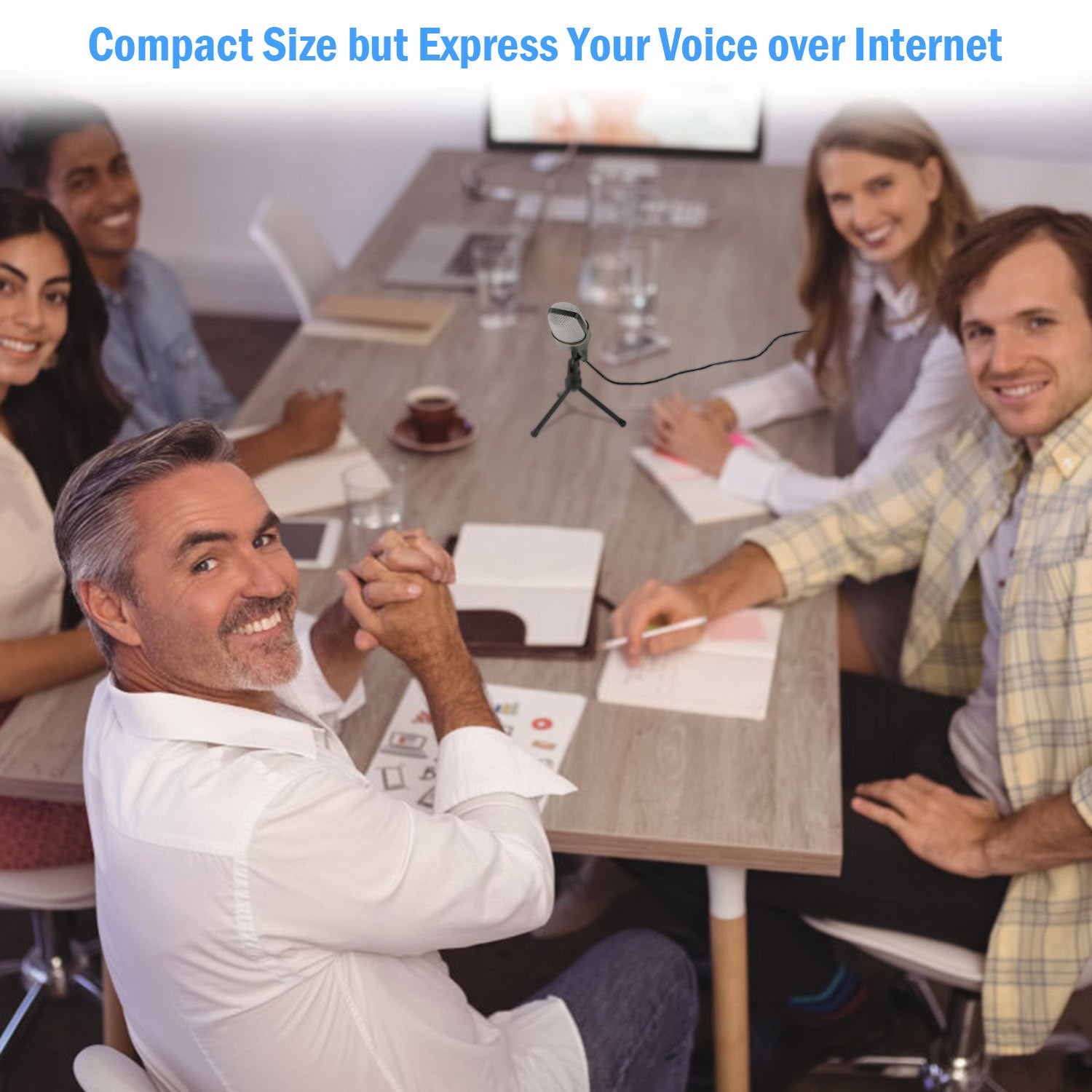 An Pro Condenser Microphone with Tripod Stand Audio Studio Recording Desktop Mic Flexible Mic on a small tripod stand, isolated on a white background.