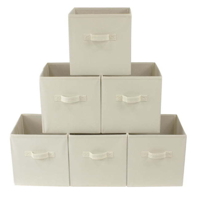 Five black Collapsible Cube Fabric Storage Bins (10.5" x 10.5"), 6 Pack with handles, stacked in a pyramid arrangement on a white background.