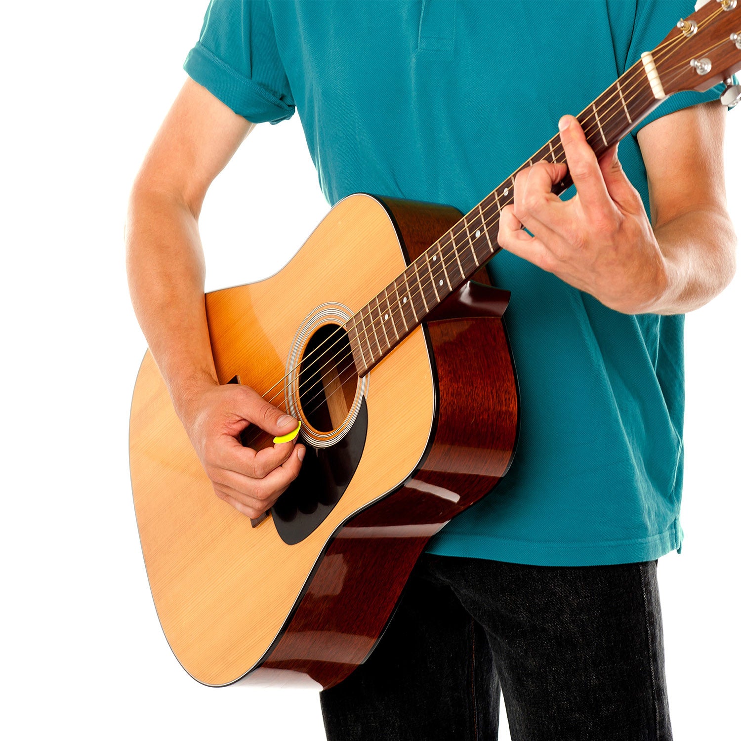 A circular arrangement of Standard Acoustic Electric Plectrums Guitar Picks 12-Pack in red, purple, green, yellow, and blue, creating a symmetrical pattern on a white background.