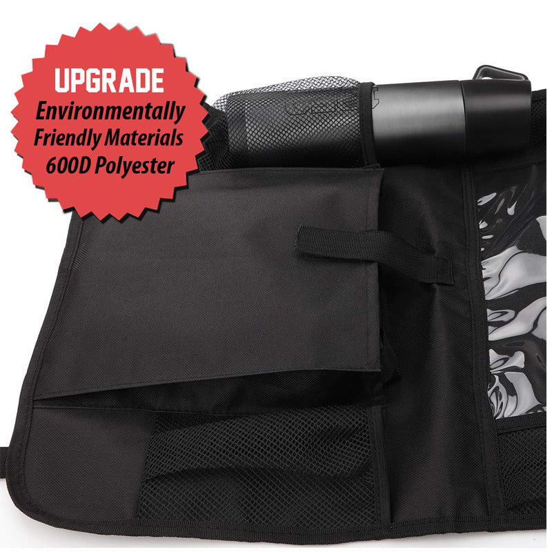 Two Backseat Car Organizers - 2PK, equipped with tablet holders and filled with items like bottles, snacks, and electronics, installed in a vehicle.