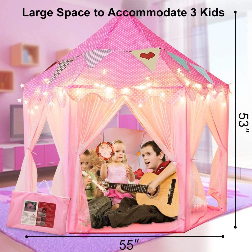 A pink Outdoor Indoor Portable Folding Princess Castle Tent Kids Children Funny Play Fairy House Kids Play Tent with its flap open, displaying several teddy bears inside, illuminated by string lights, with a star-shaped light visible at the top corner.