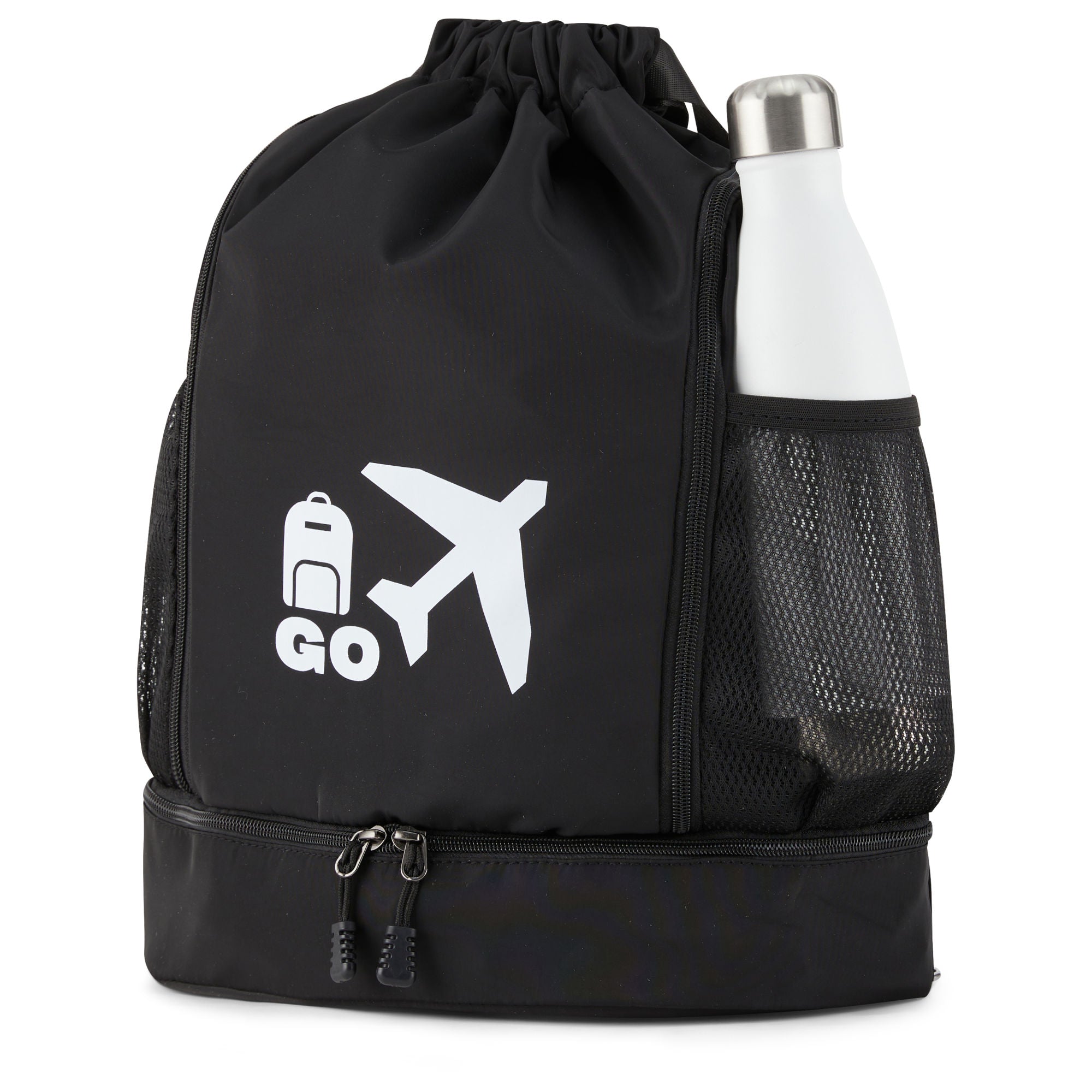 Clarissa GO Bag with a white airplane and suitcase icon, featuring an external pocket and a purple smartphone in a side holder.