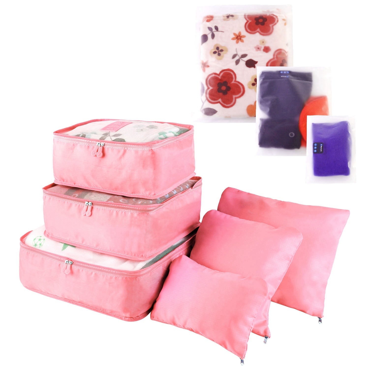 Set of four 9Pcs Clothes Storage Bags Water-Resistant Travel Luggage Organizer Clothing Packing Cubes of varying sizes with clothing items, displayed next to a folded floral blouse, all on a white background.