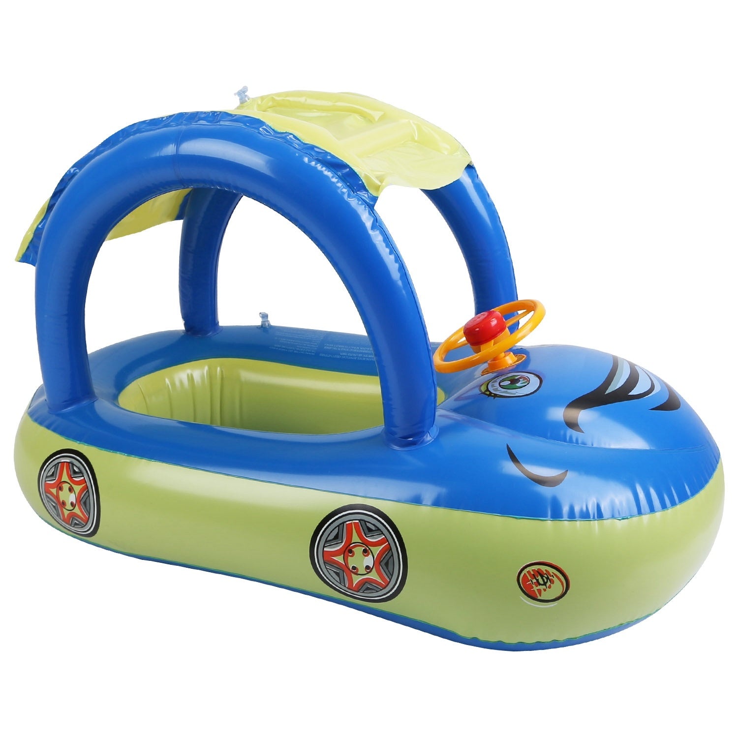 A young child smiles while sitting in a colorful Baby Inflatable Pool Float Car Shaped Toddler Swimming Float Boat Pool Toy Infant Swim Ring Pool with Sun Protection Canopy for 1-3 Year-Old Kids Infant Toddlers in a swimming pool.