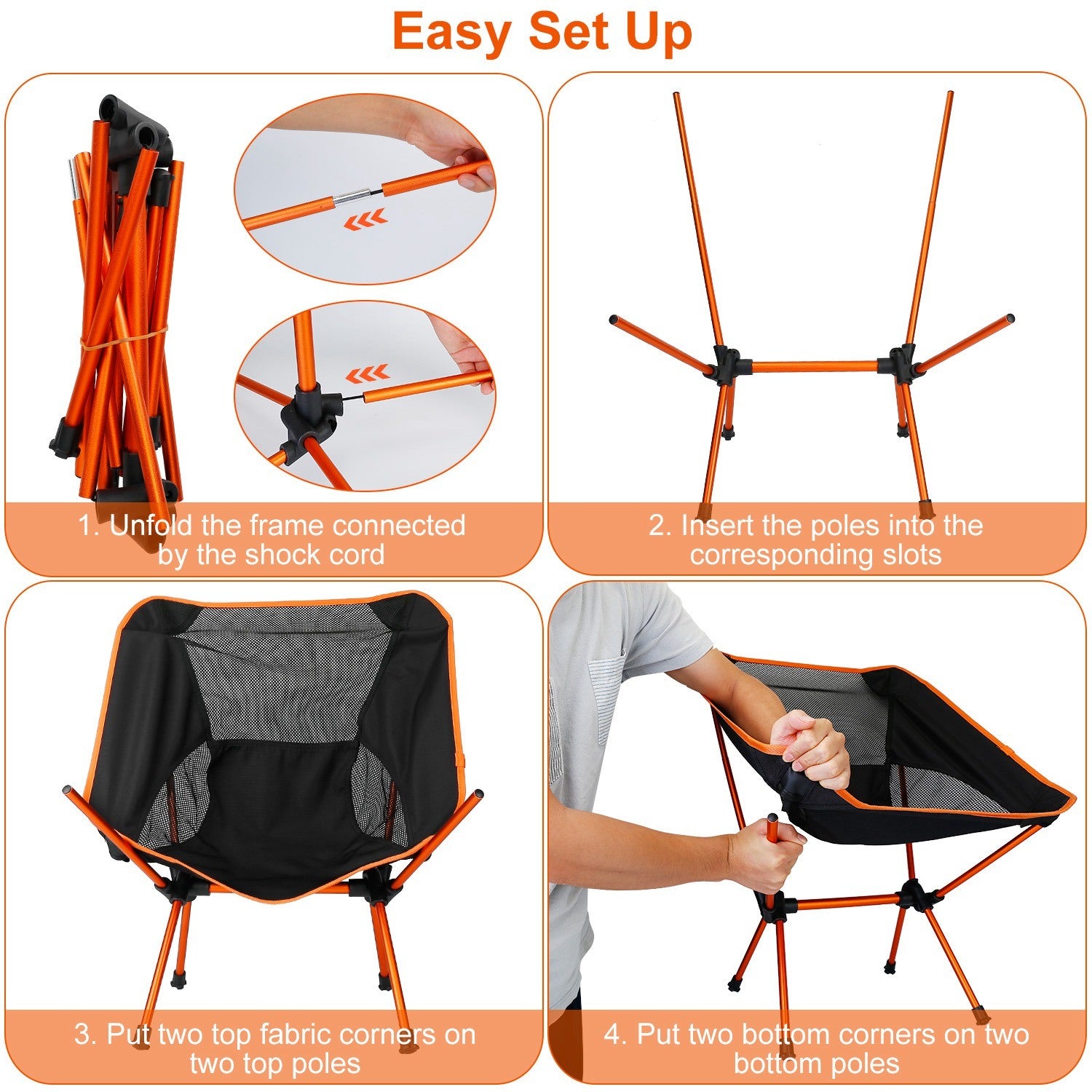 A lightweight and black Foldable Camping Chair Collapsible Ultra-light Camping Chair Backpacking Chair for Outdoor Camping Fishing BBQ Beach Picnic with a mesh backrest and storage pouches on a white background.