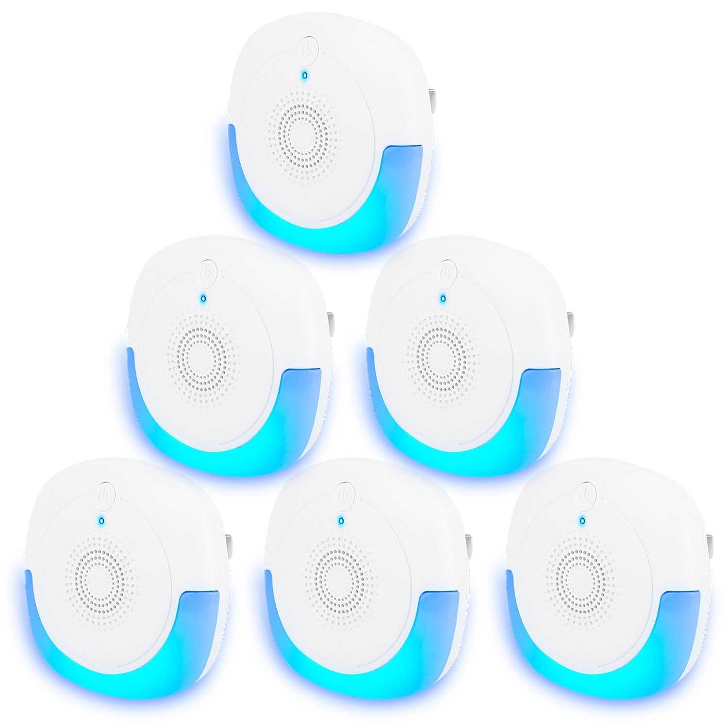Six 6 Packs Ultrasonic Pest Repellers Plug In Indoor Pest Control Mouse Repellent Chaser Deterrent for Home Kitchen Office Warehouse Hotel arranged in two rows on a white background.