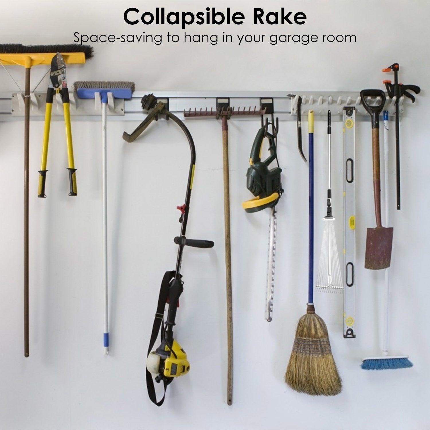 63in Adjustable Garden Leaf Rake 15 Teeth Expanding Stainless Steel Rake For Quick Clean Lawn Yard Garden with an adjustable white handle and black grip on a white background.