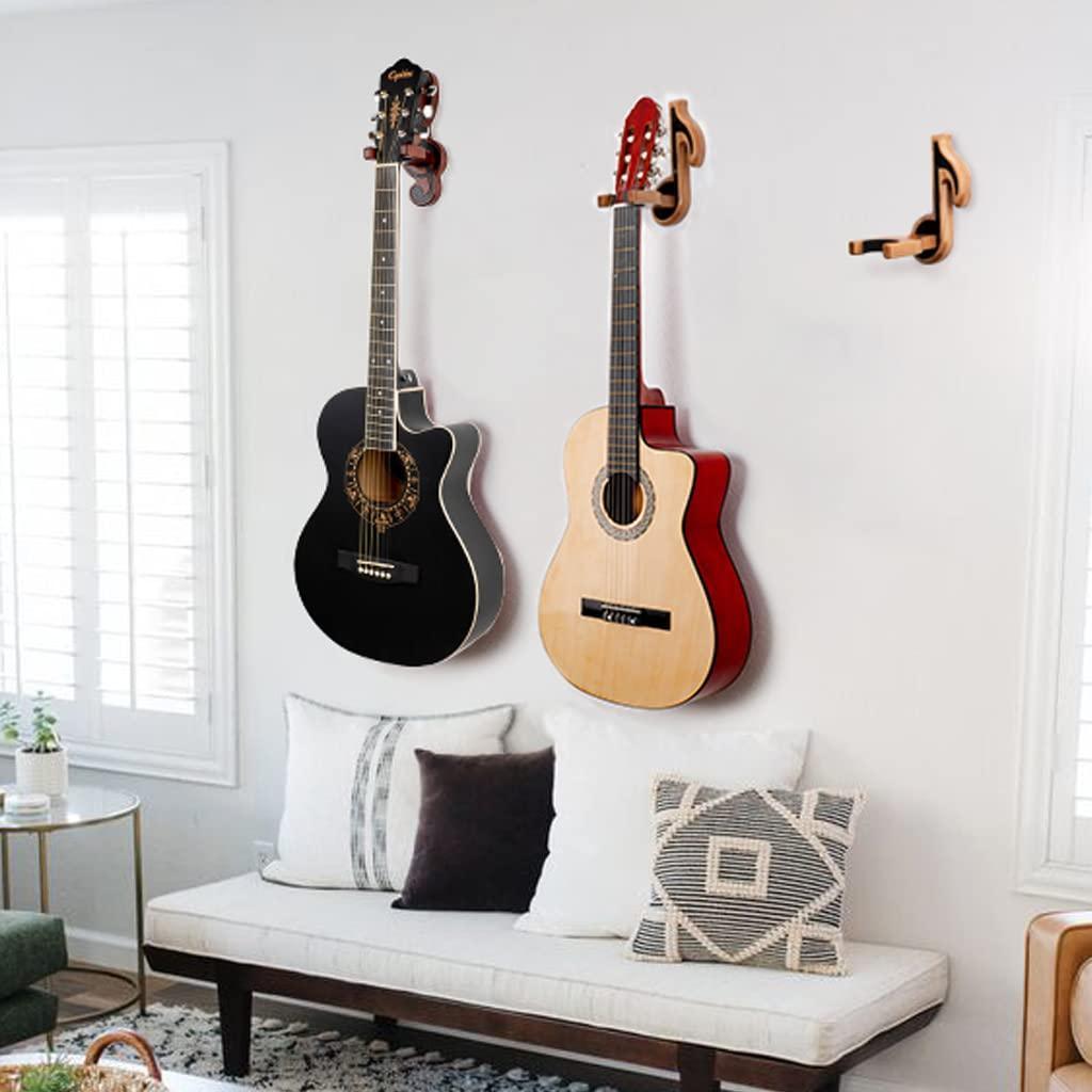 A Guitar Holder Wall Mount Ash Wood with a detailed guitar neck and headstock positioned within it, isolated on a white background.