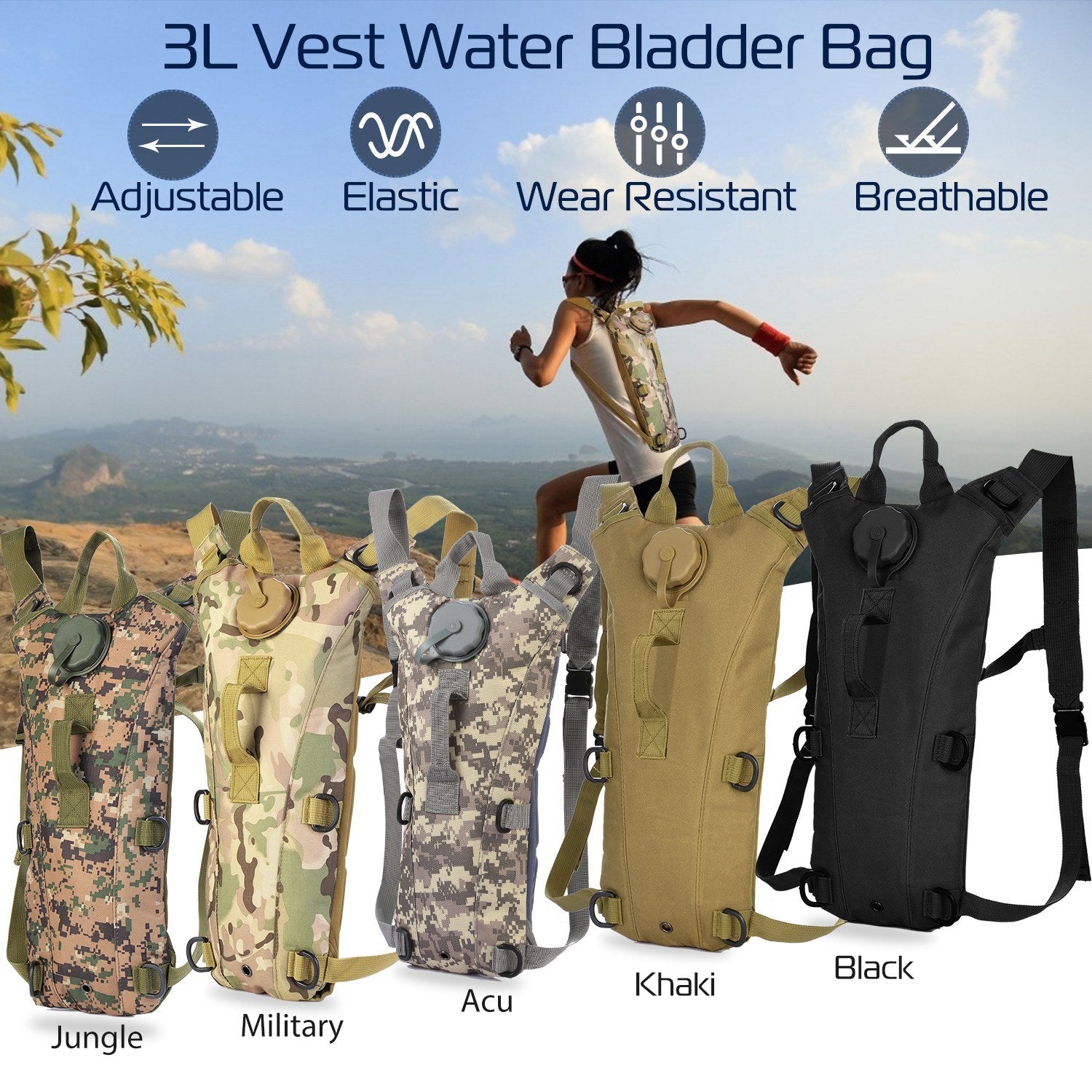 Tactical Hydration Pack suitable for running, cycling, and climbing. Includes water bladder, camo backpack, and icons indicating BPA-free material.