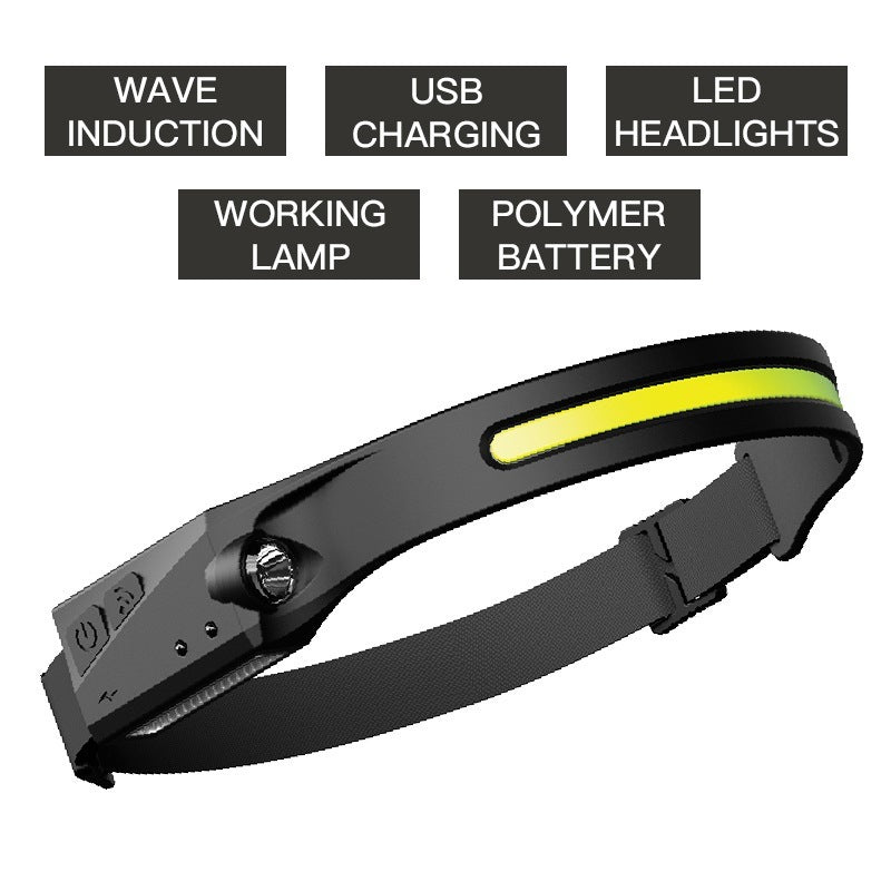 A black Induction COB-XPE LED headlamp with a yellow stripe, adjustable strap, and side control buttons isolated on a white background.
