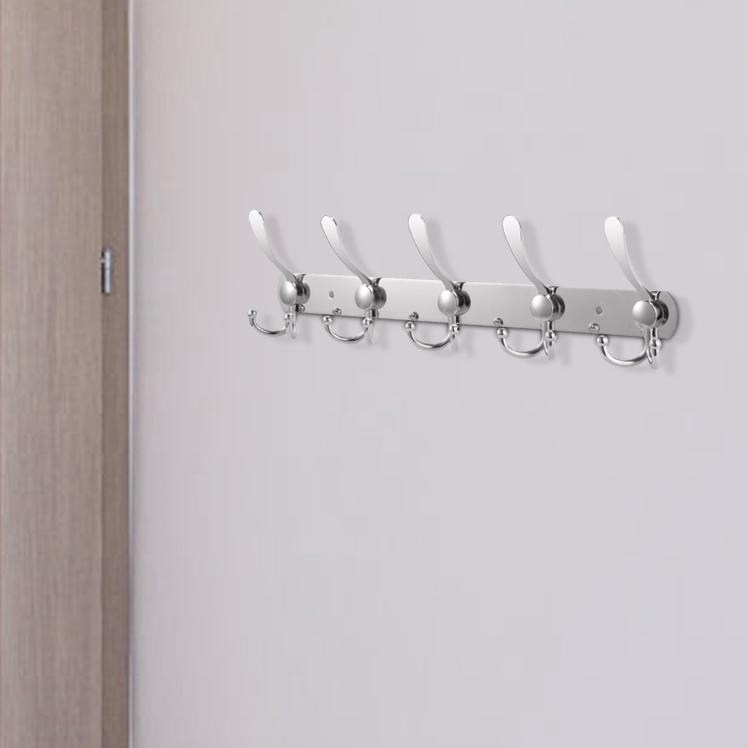 Wall Mount Coat Hook with fifteen stainless steel double hooks on a sleek, horizontal board, isolated on a white background.