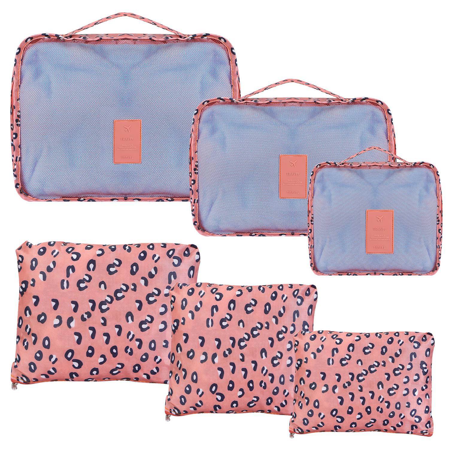 Set of four 9Pcs Clothes Storage Bags Water-Resistant Travel Luggage Organizer Clothing Packing Cubes of varying sizes with clothing items, displayed next to a folded floral blouse, all on a white background.