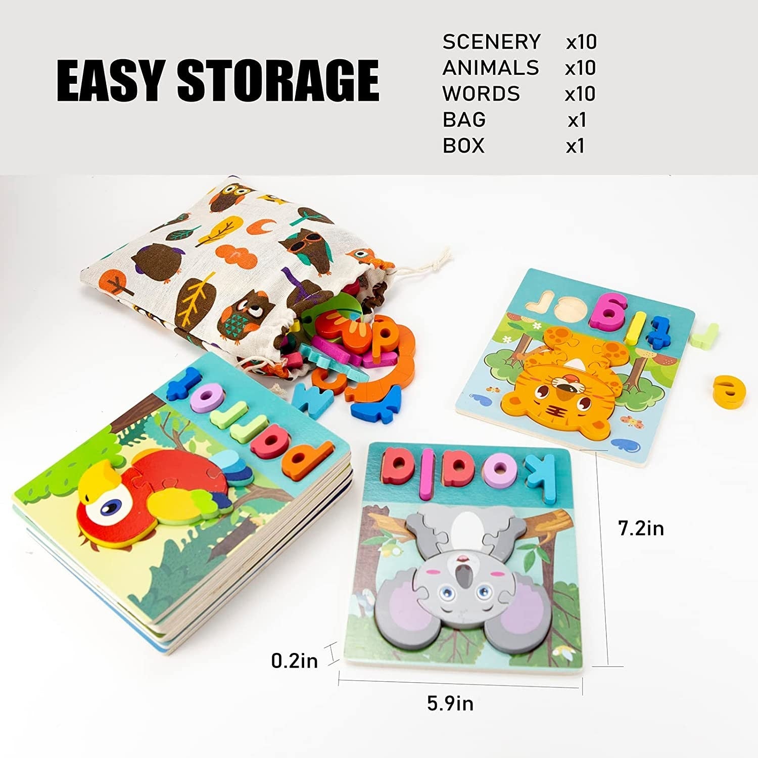 Collection of 10 Pack Wooden Toddler Puzzles Spelling with names displayed, including a tiger, lion, and parrot, arranged on a white background.