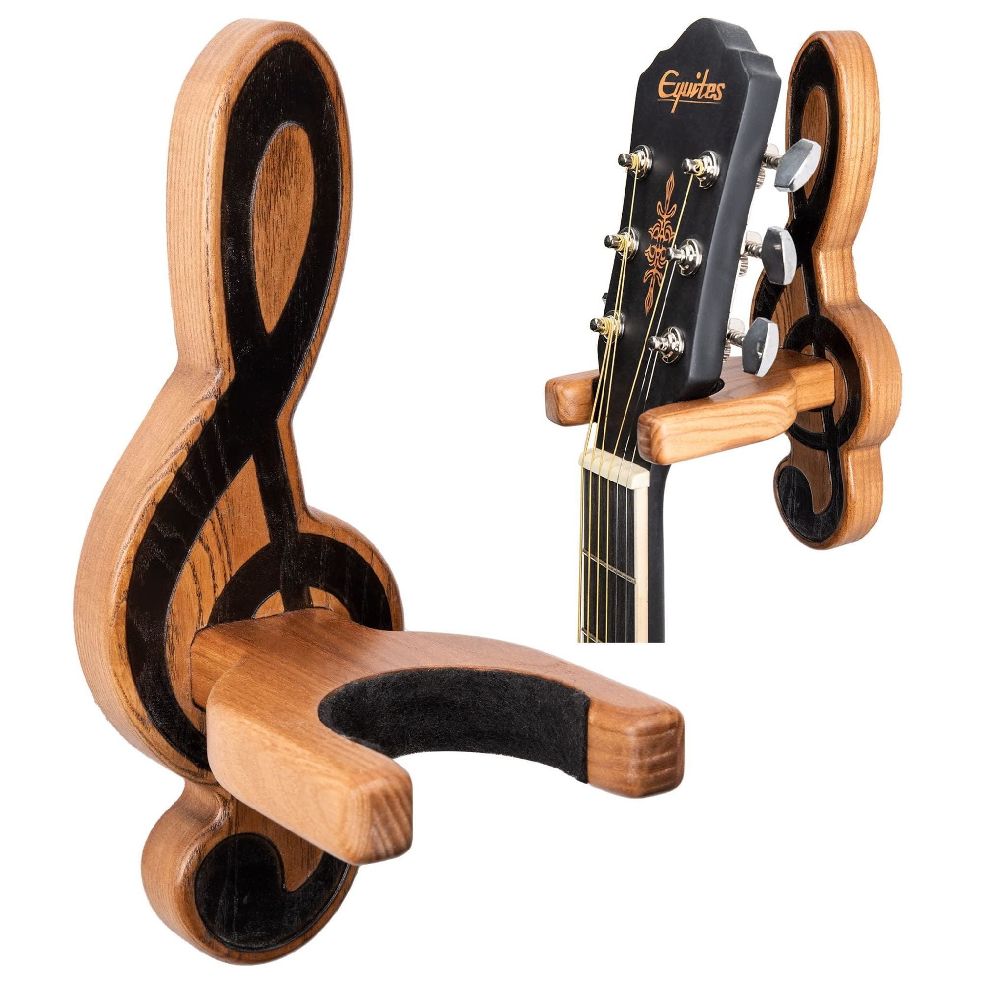 TESLYAR Guitar Holder Wall Mount Ash Wood Wooden Guitar Hanger Hook Stand Rack holding an acoustic guitar headstock, isolated on a white background.
