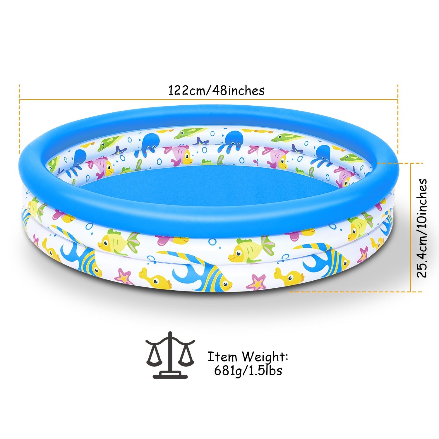 Advertisement for a Bestway 48x10In Inflatable Swimming Pool Blow Up Family Pool For 2 Kids Foldable Swim Ball Pool Center featuring a woman and two children smiling in a splash pool party, with product details around the image.