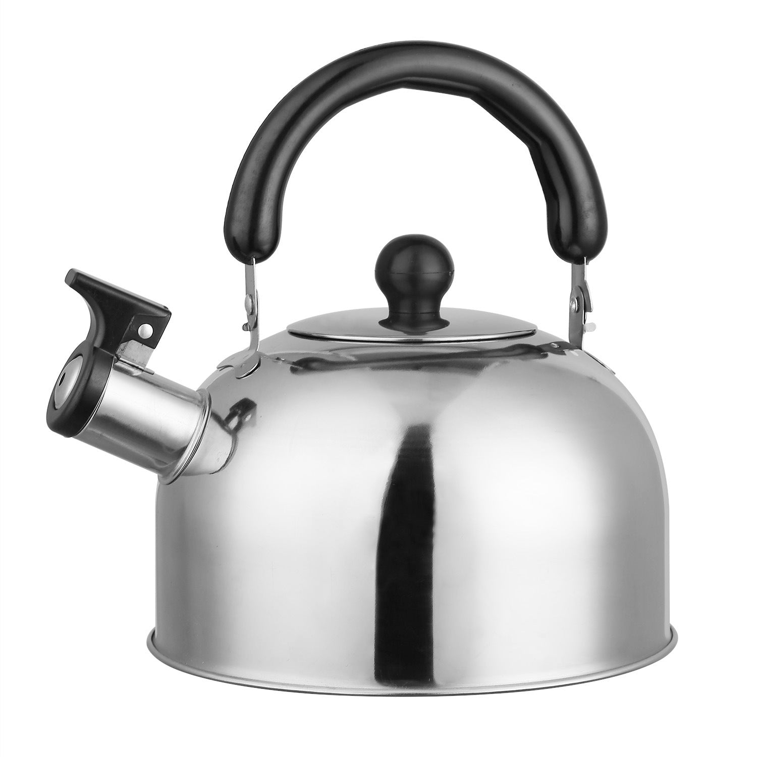 2.1Quarts Stainless Steel Whistling Tea Kettle Stovetop Induction Gas Teapot with Insulated Handle Camping Kitchen Office with a black handle and spout, featuring a loud whistling sound, isolated on a white background.