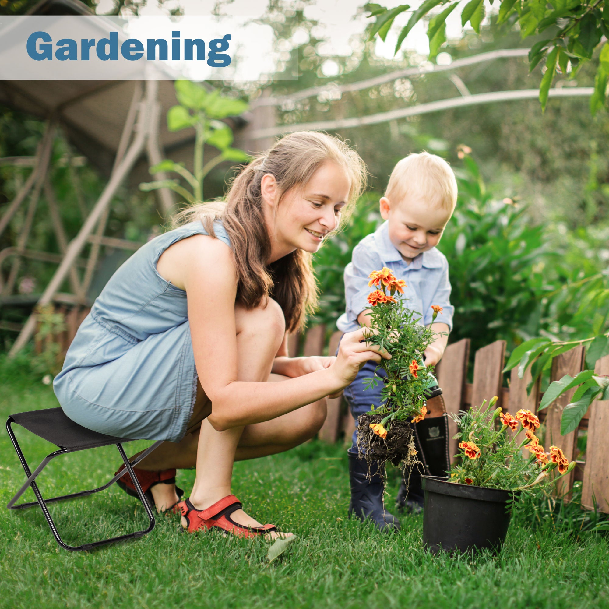 YSSOA Folding Camping Stool with a metal frame, isolated on a white background.