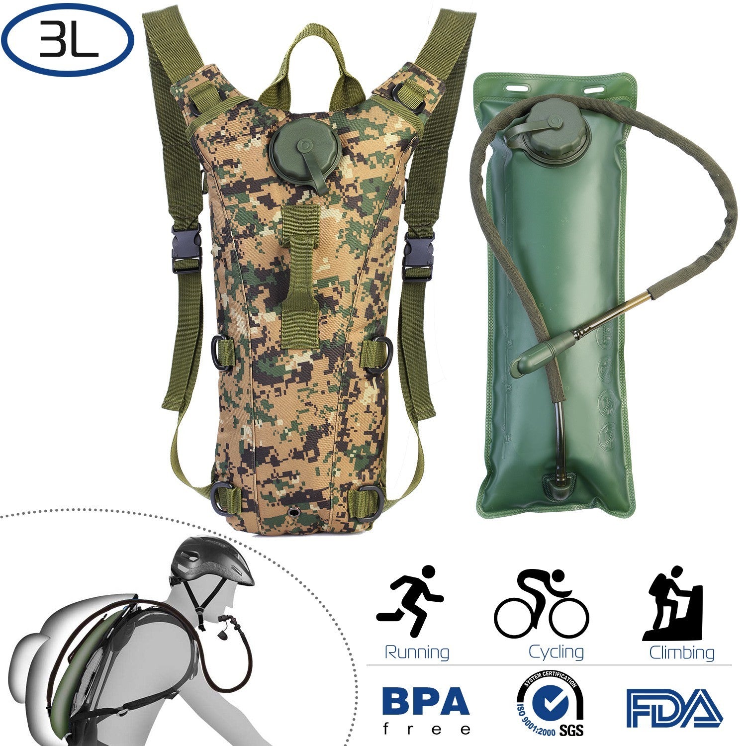 Tactical Hydration Pack suitable for running, cycling, and climbing. Includes water bladder, camo backpack, and icons indicating BPA-free material.