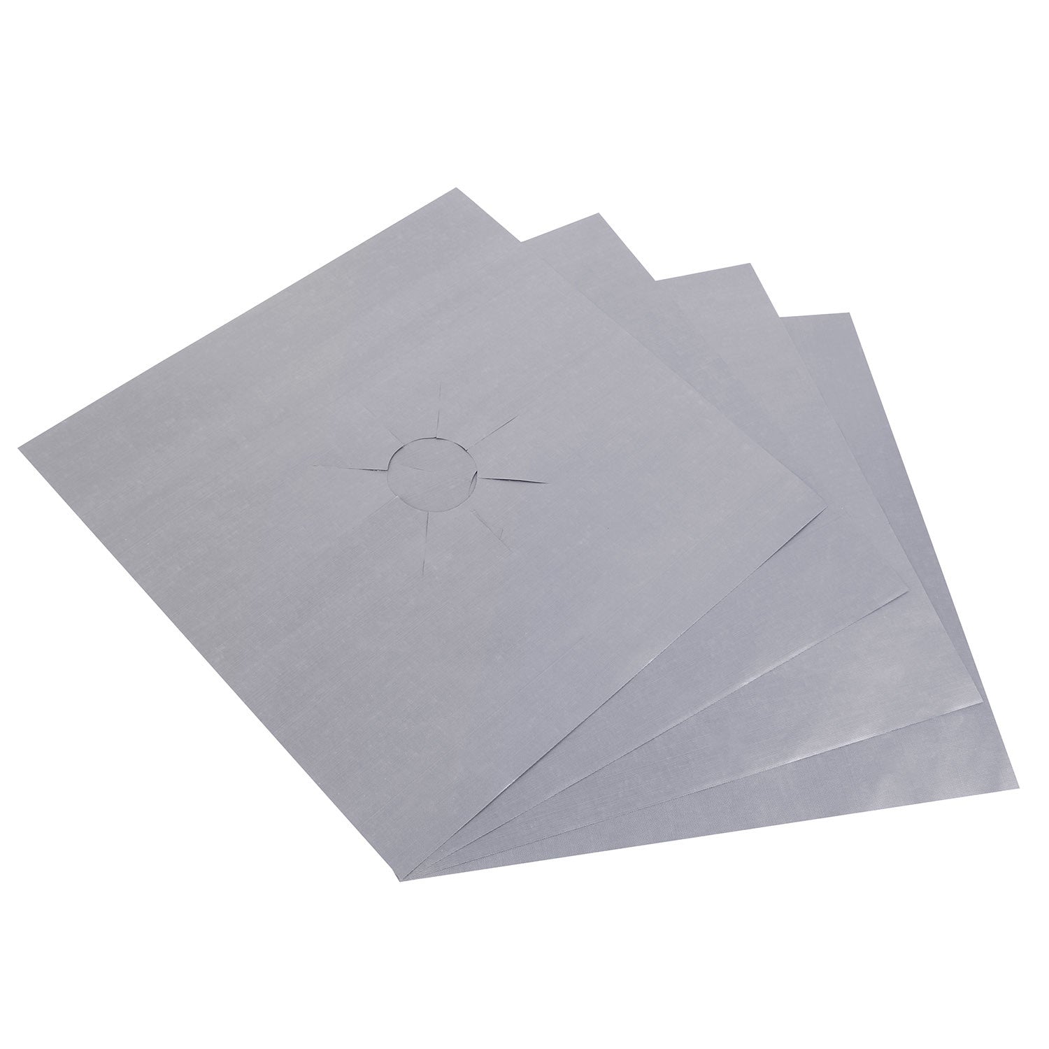 A stack of 4-Pack Reusable Nonstick Stovetop Burner Protector Liner papers with a white circle and crossing lines symbol in the center of the top sheet, treated with a PTFE coating.