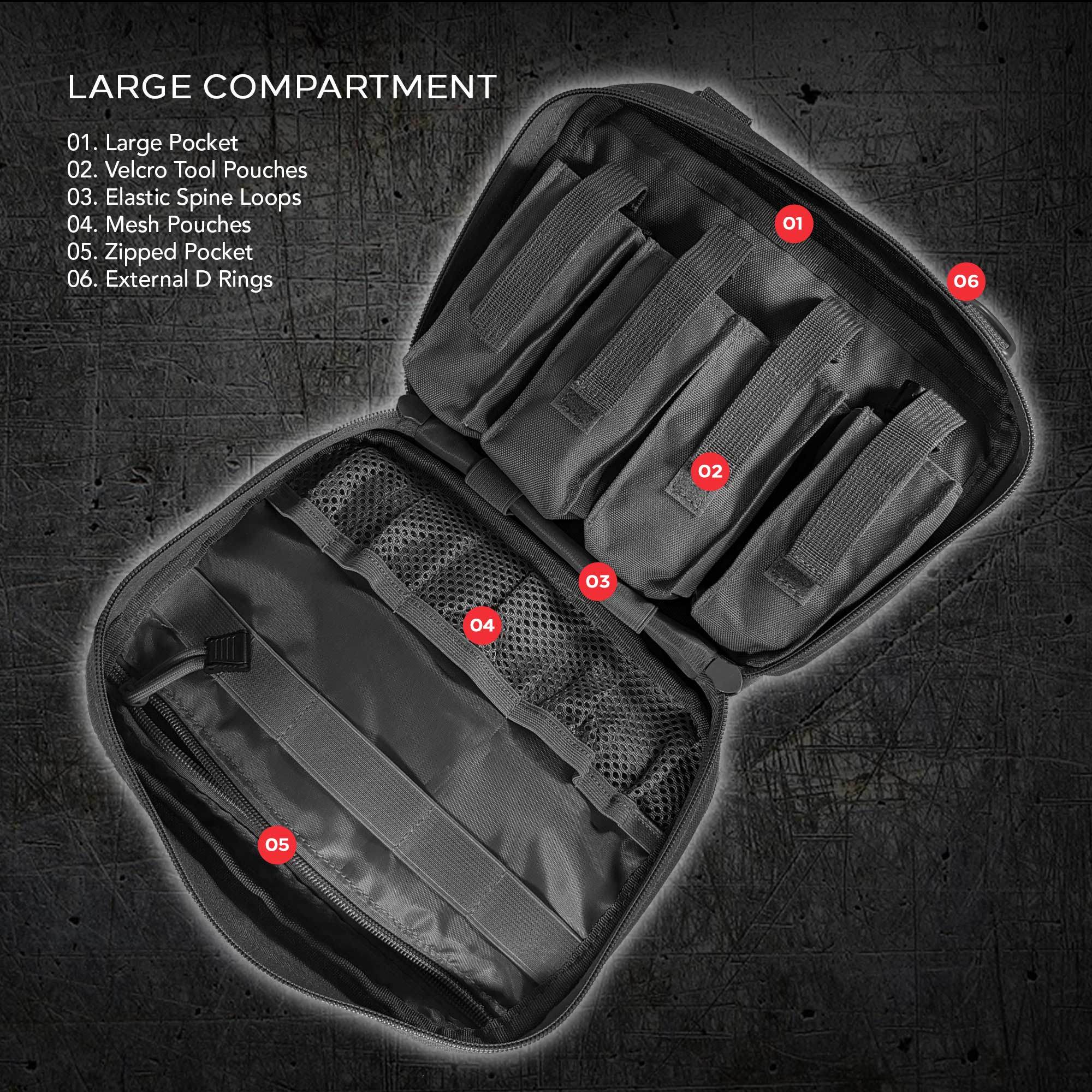 Open black tactical backpack displaying internal compartments and a detached Excursion Gear Organizer, isolated on a white background.