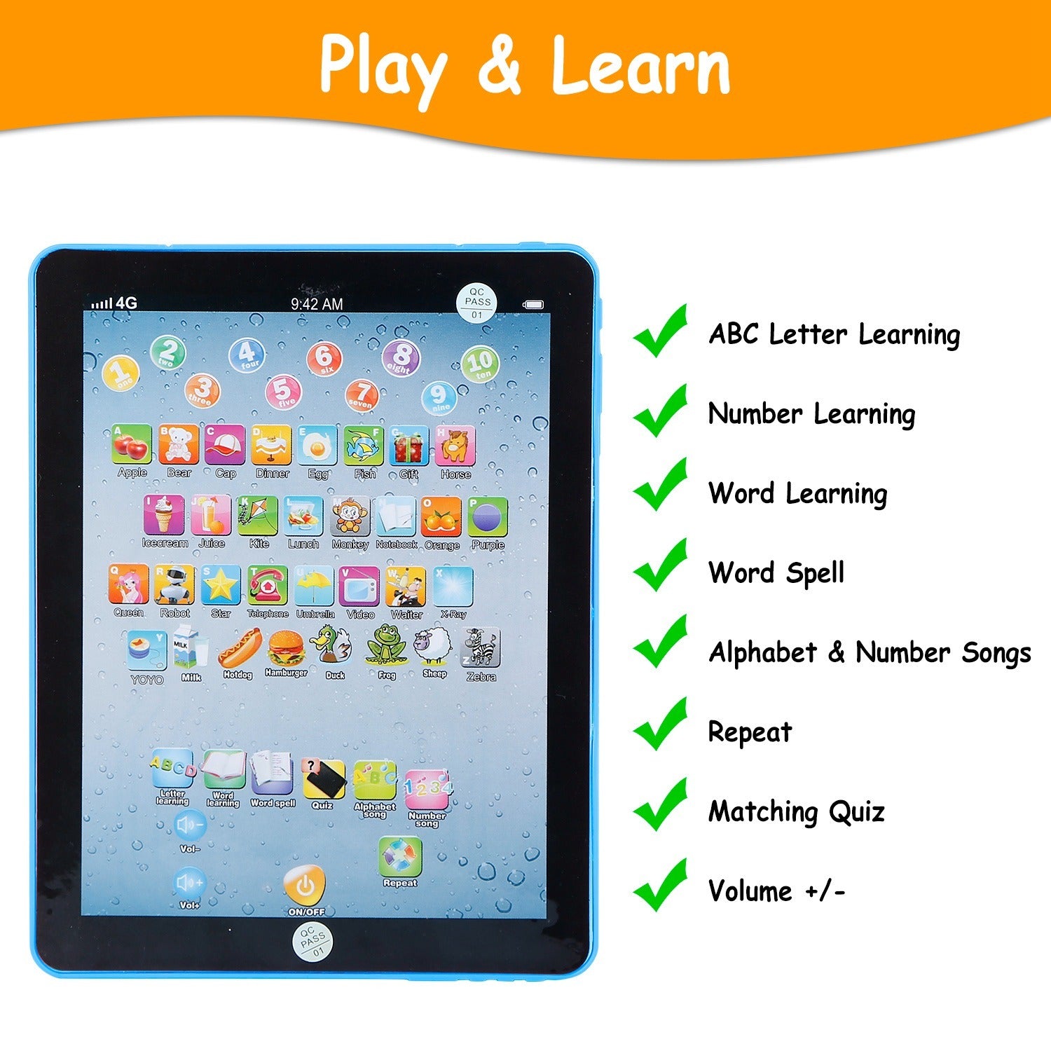 A young girl smiles while leaning on her arm next to an advertisement for a Baby Learning Tablet Educational Mini Pads Toys Touch Learn Toddler Tablet For ABC Numbers Words Gift, highlighting apps for kids aged 1-6.