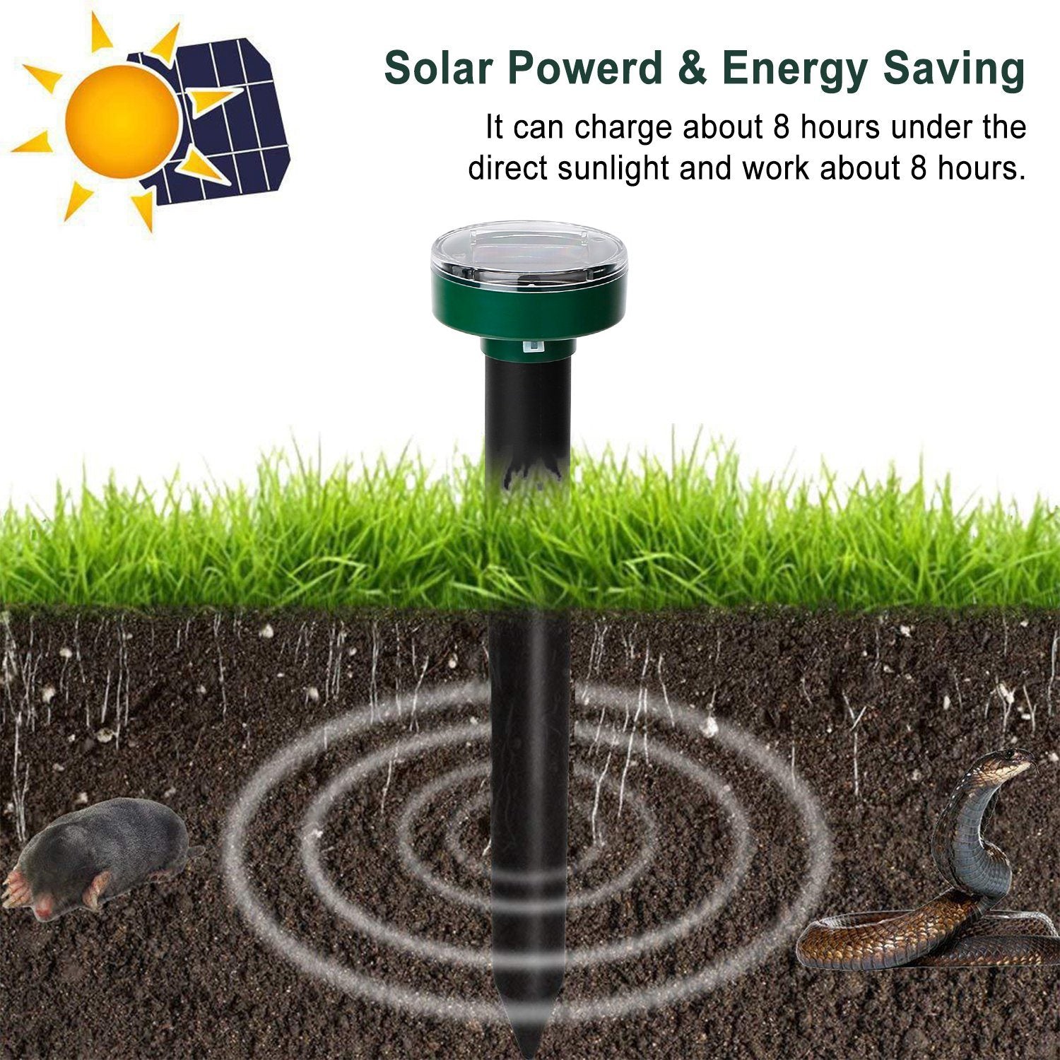 Four 4Pcs Solar Powered Mole Repeller Sonic Gopher Stakes inserted in the ground with icons emphasizing their features like waterproof protection and safety, beside a girl and a chicken in a grassy yard.