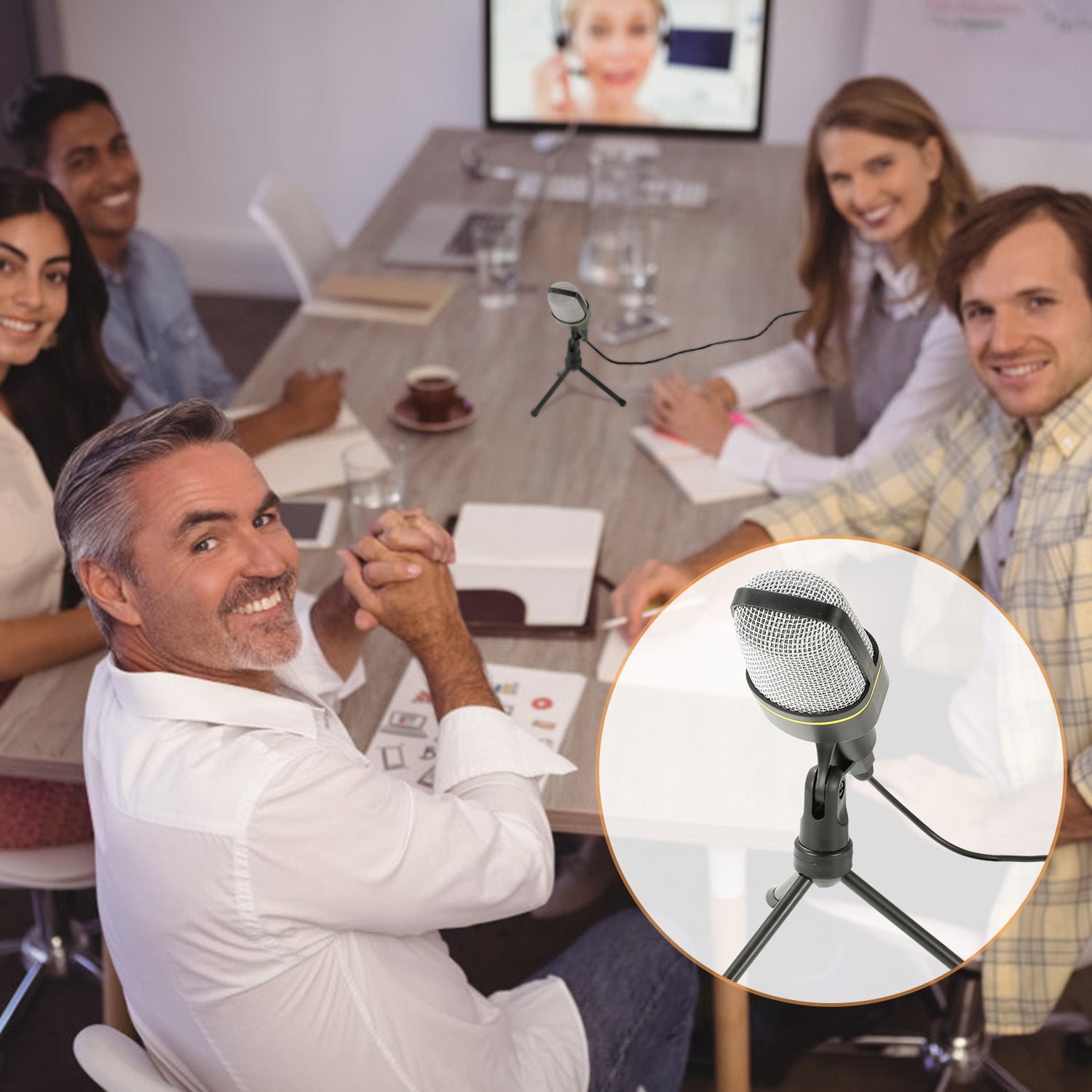 An Pro Condenser Microphone with Tripod Stand Audio Studio Recording Desktop Mic Flexible Mic on a small tripod stand, isolated on a white background.