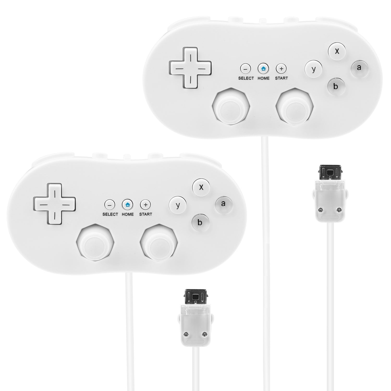 Advertisement for a 2PCS Classic Game Controller Pad Wired Gamepad Joypad Joystick compatible with Wii/WiiWare/Virtual Console games, featuring an ergonomic grip and showing its design and button layout.