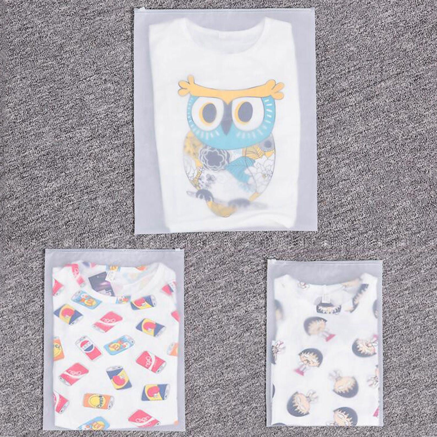 Set of four 9Pcs Clothes Storage Bags Water-Resistant Travel Luggage Organizer Clothing Packing Cubes of varying sizes with clothing items, displayed next to a folded floral blouse, all on a white background.