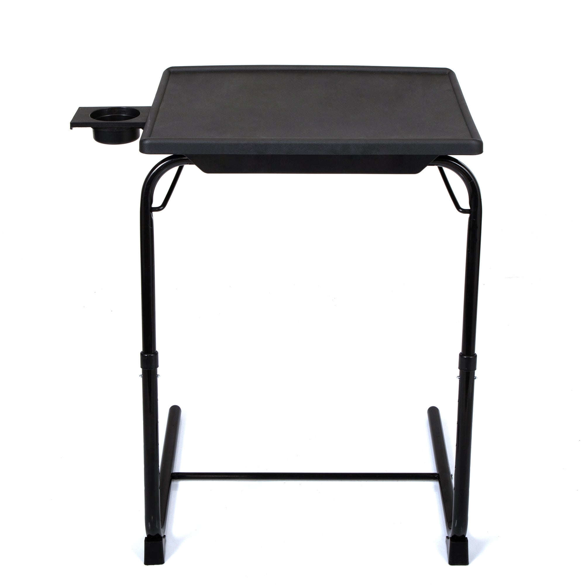 Black Adjustable TV Tray Table with Cup Holder;  Folding TV Dinner Table with 6 Height and 3 Tilt Angle Adjustments, isolated on a white background.