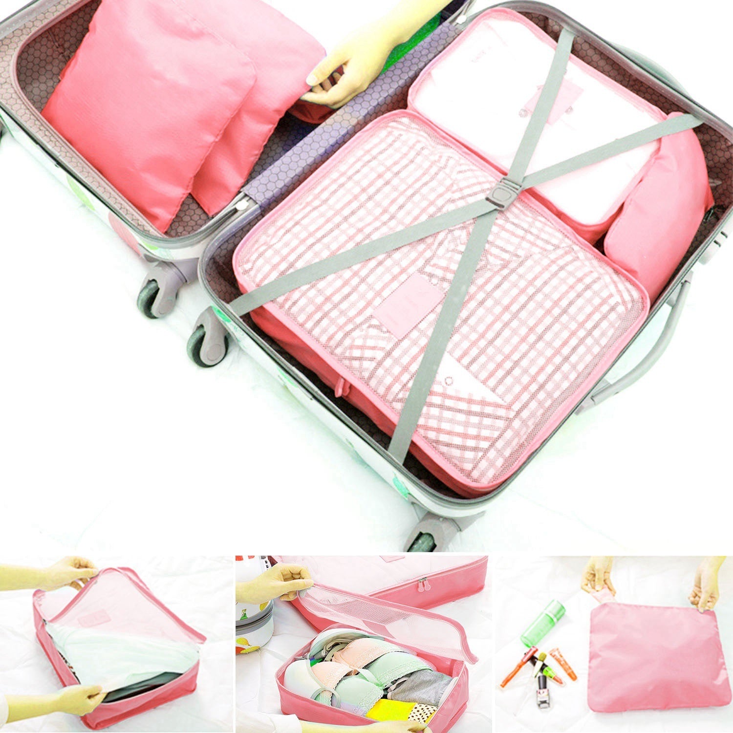 Set of four 9Pcs Clothes Storage Bags Water-Resistant Travel Luggage Organizer Clothing Packing Cubes of varying sizes with clothing items, displayed next to a folded floral blouse, all on a white background.