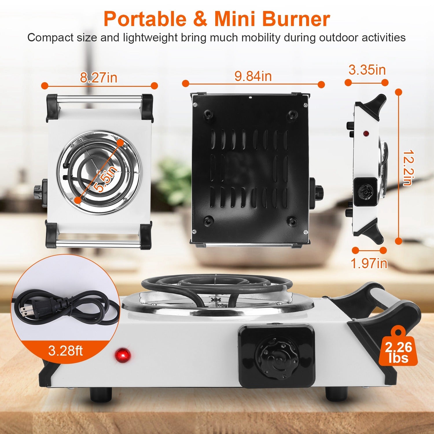 Sentence with Product Name: 1000W Electric Single Burner Portable Coil Heating Hot Plate Stove Countertop RV Hotplate with 5 Temperature Adjustments Portable Handles displayed with a man cooking on it in a kitchen setup.