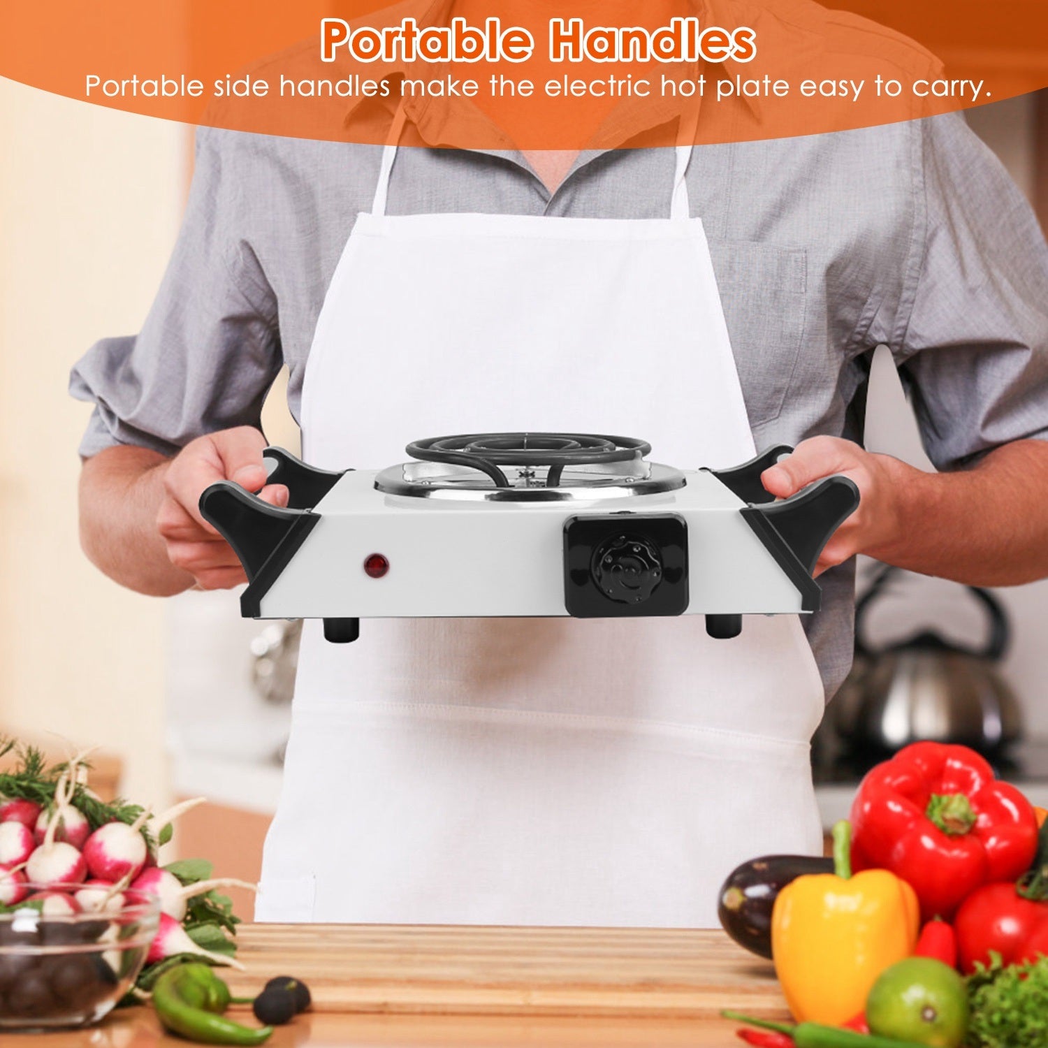 Sentence with Product Name: 1000W Electric Single Burner Portable Coil Heating Hot Plate Stove Countertop RV Hotplate with 5 Temperature Adjustments Portable Handles displayed with a man cooking on it in a kitchen setup.