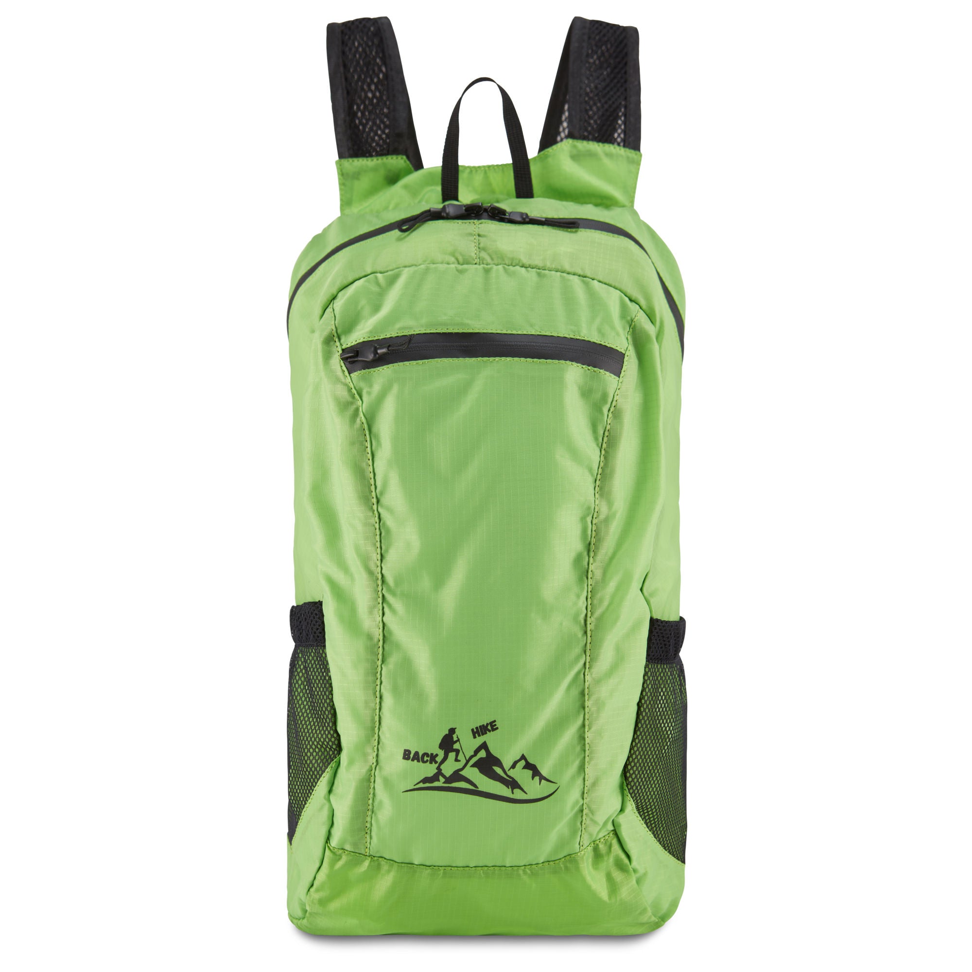 A hand holding a small, black HIKE Back- Folding Backpack with a white hiker icon printed on it, isolated against a white background.