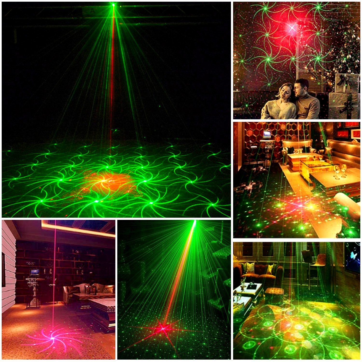 Sound Activated LED Projector Laser Patterns Laser Party Lights Disco Bar Music Strobe Lights on a pivoting mount with remote control, isolated on a white background.